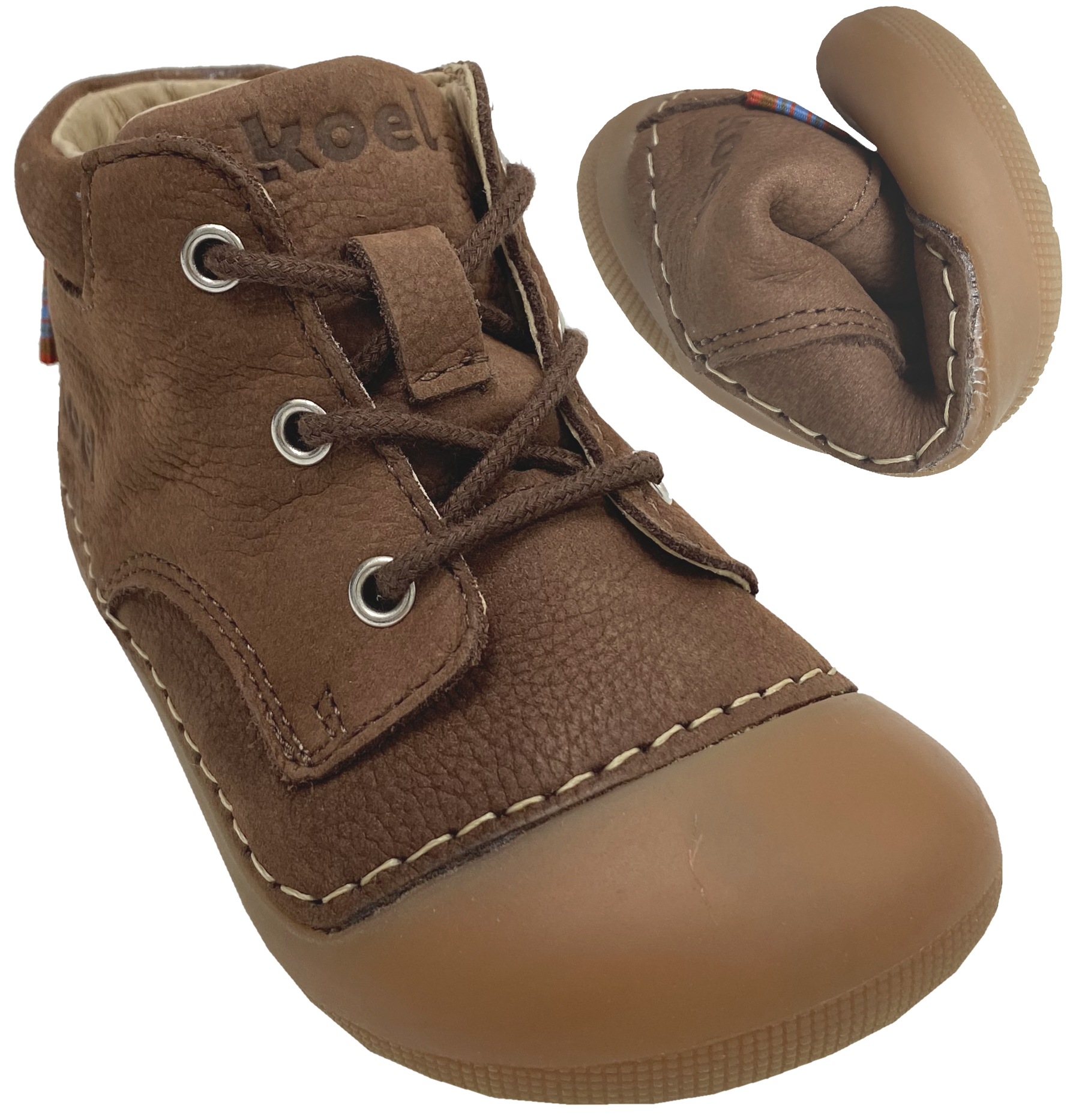 Knautschige Laufanfänger Barfußschuhe Hydro Leder in Schokobraun, Schnürer von KOEL Averiy 09M001.121