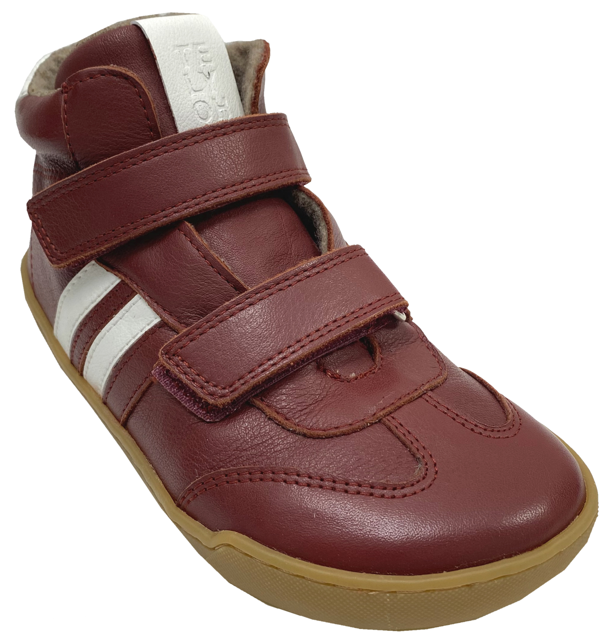 Mid Top Lederschuhe, Doppelklett & Wollfleece Futter v. TELYOH  Barefoot Runner Stripes in DKL Rot