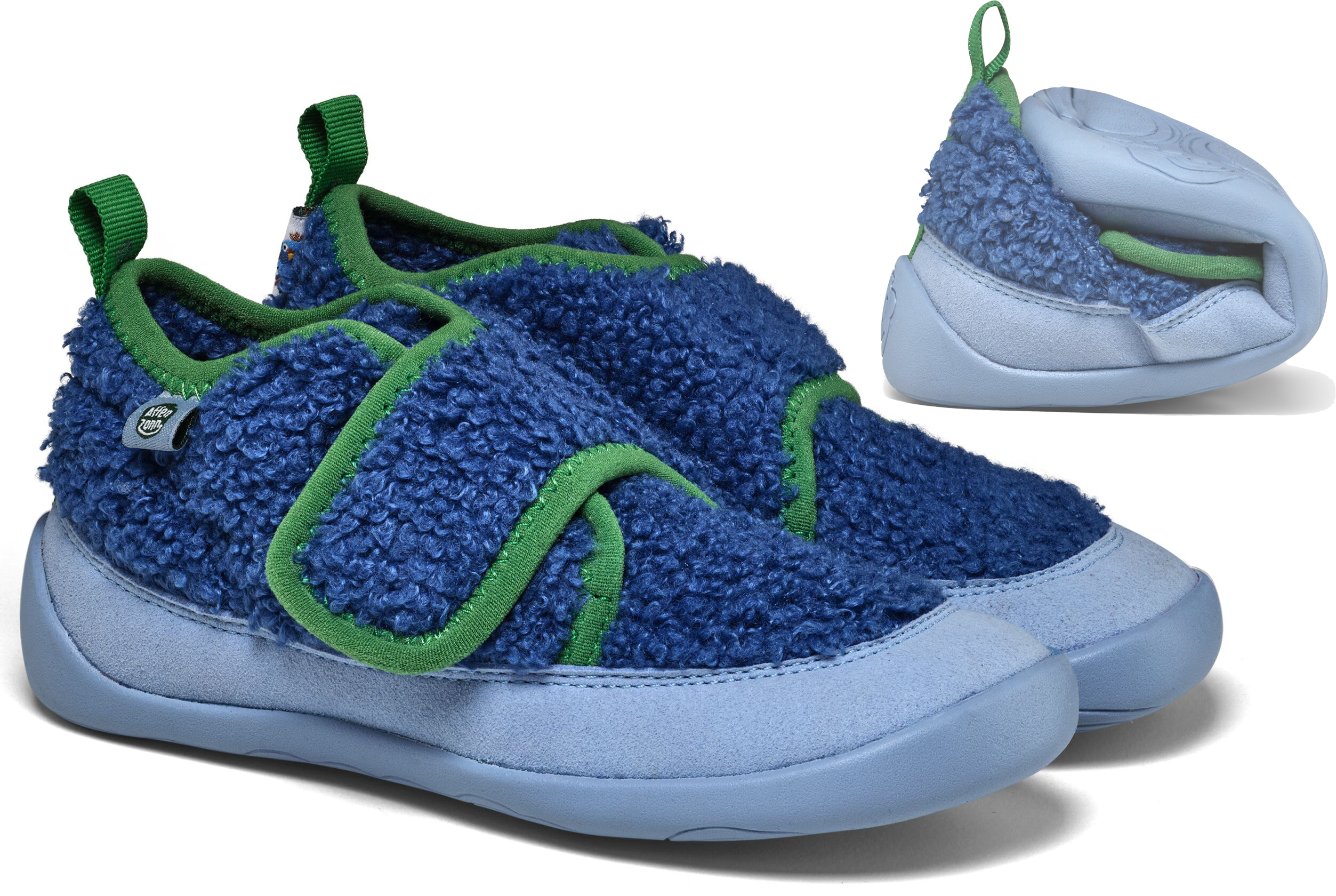 Veganer Hausschuh / Minimalschuhe aus recyceltem Fleece von AFFENZAHN * Paradiesvogel Blau*