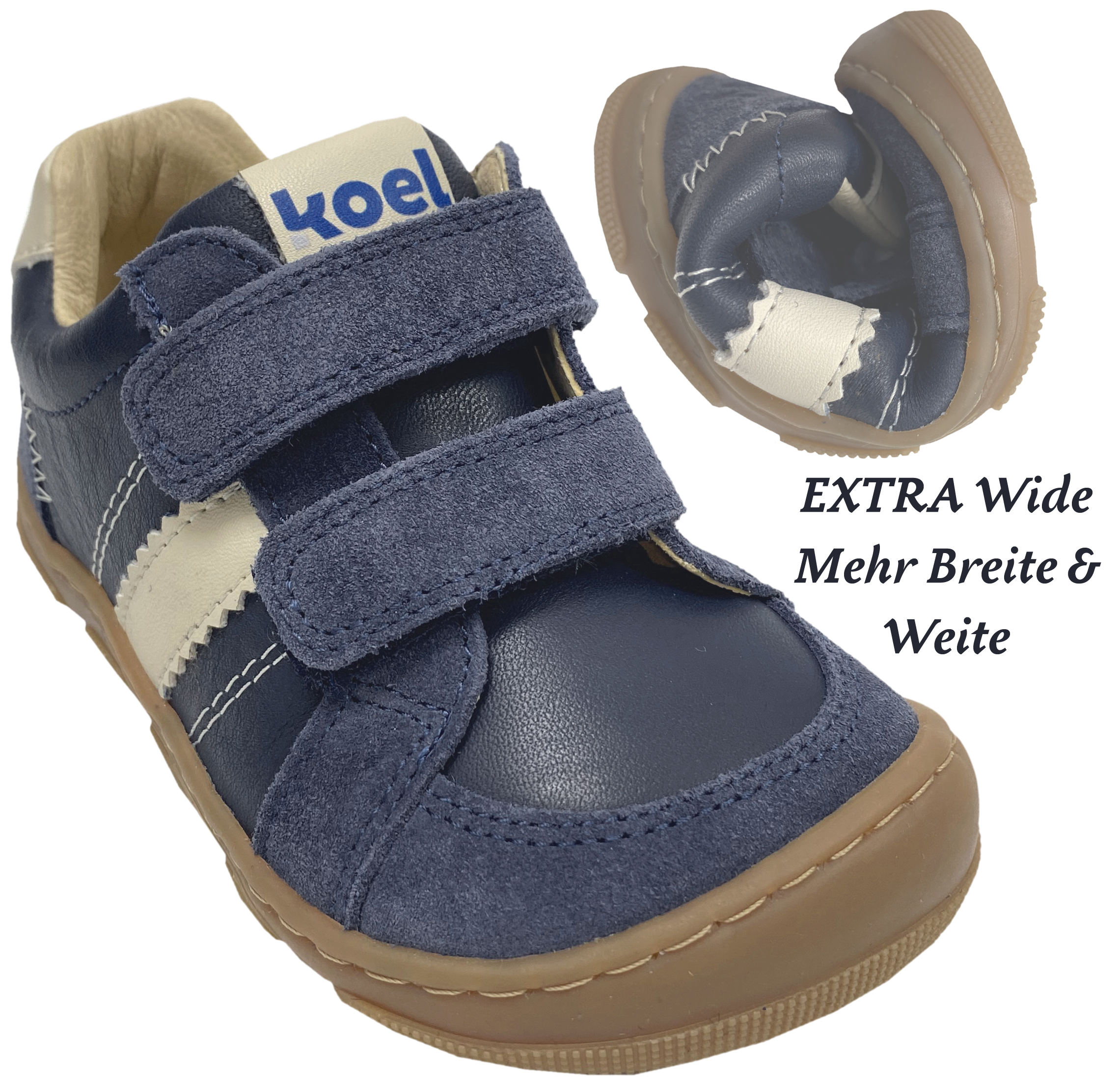 Barfuß Sneaker Doppelklett Extra Weite & Breite *KOBI Leder* in Navy Blue von KOEL Barefoot 15W005.101