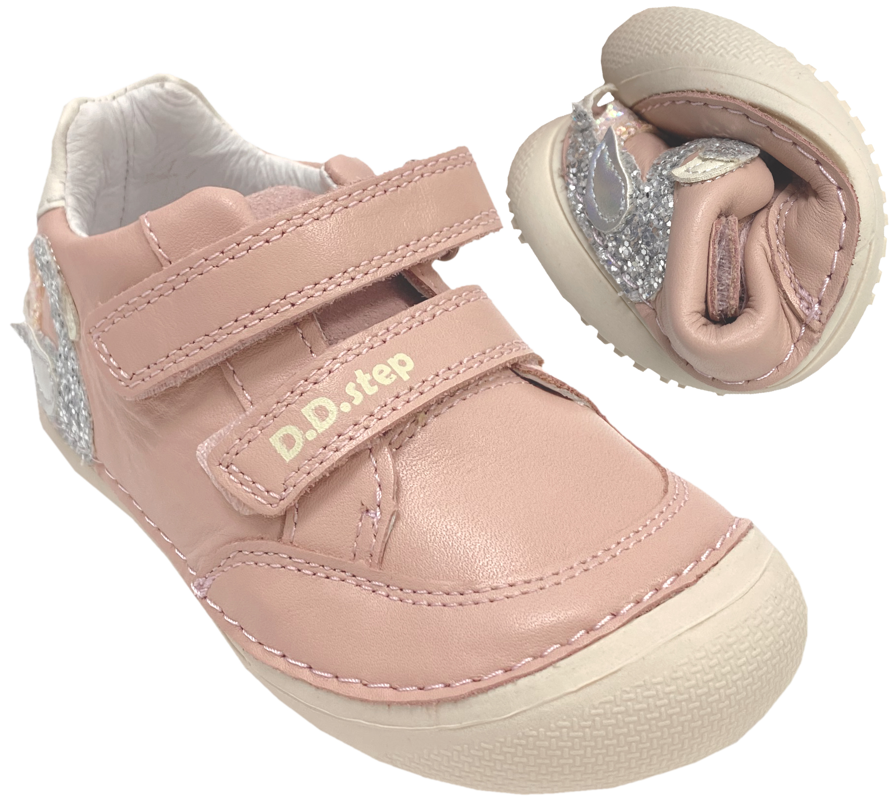 Leder Sneaker, knautschige Minimalsohle, Glitzer Stick Schwan auf Rose von D.D.Step Barefoot