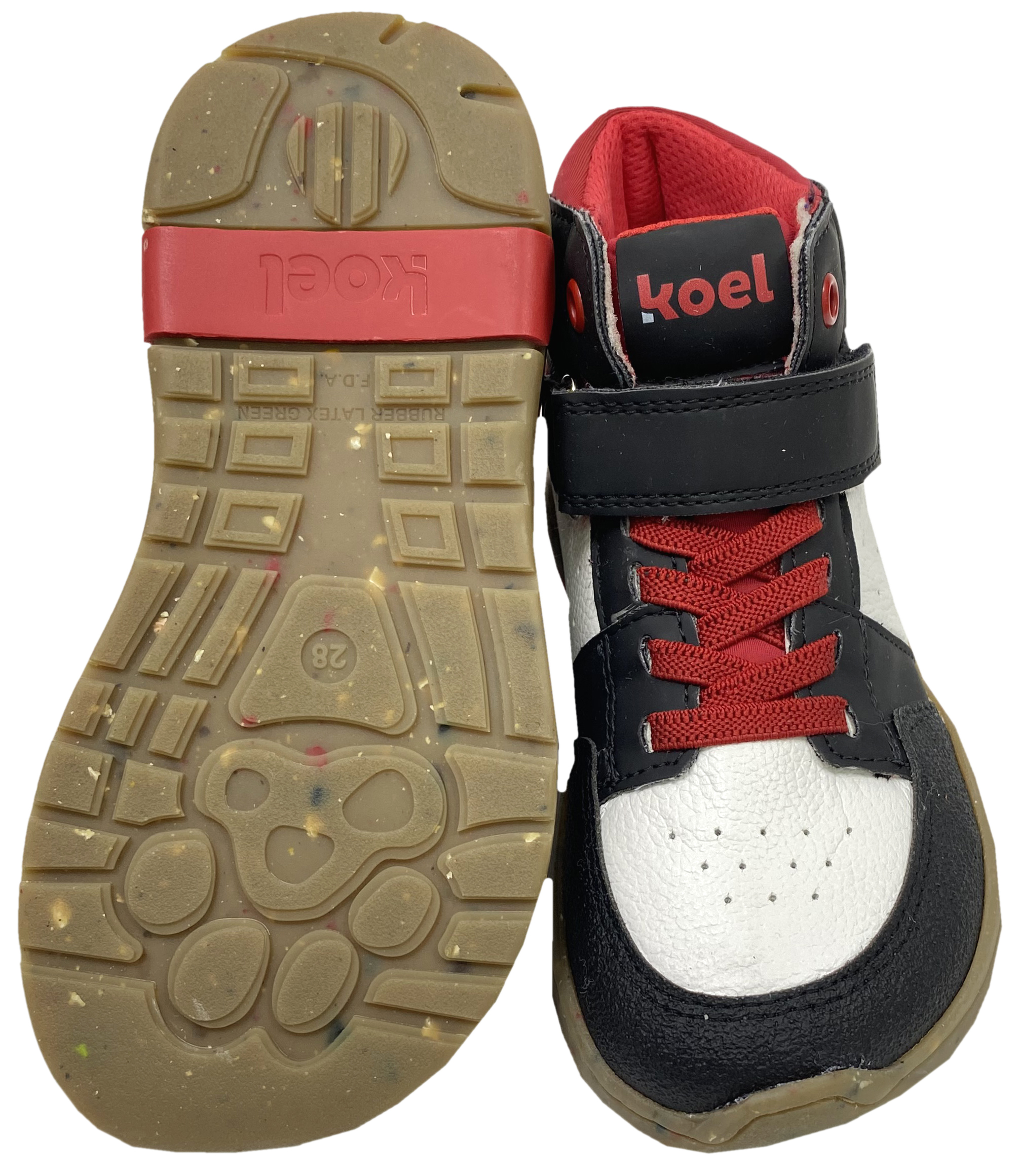 High Top Sneaker aus Leder, Zero Drop Minimalsohle von KOEL Modell SKYLAR in Weiß/ Rot