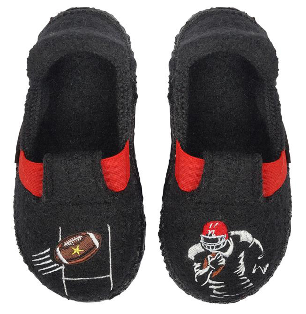 Hausschuhe zum rein schlüpfen aus Wolle & Naturgummi Sohle in Schwarz FOOTBALL von NANGA