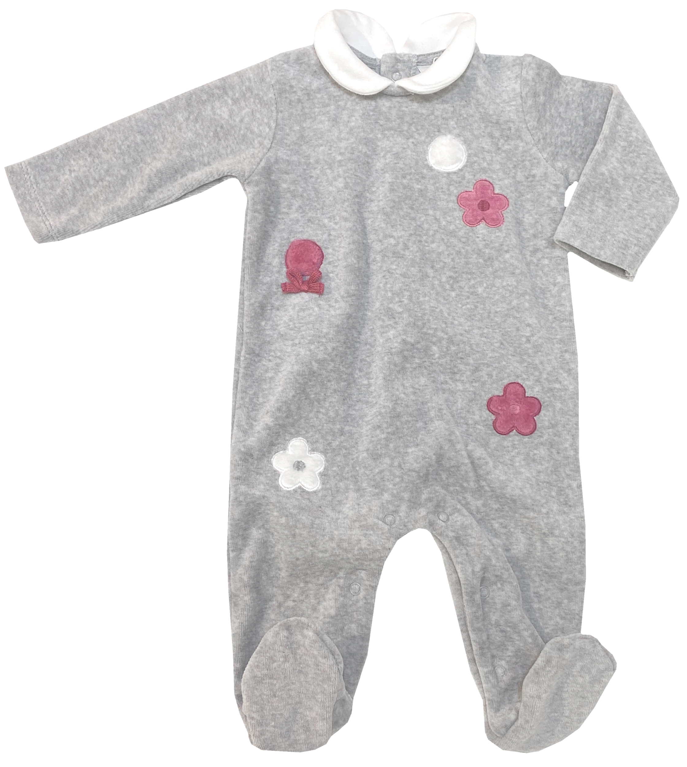 Nicki Plüsch Strampler mit Fuß & Bübchenkragen in Grau, Blüten Stick von MAYORAL Baby 2610