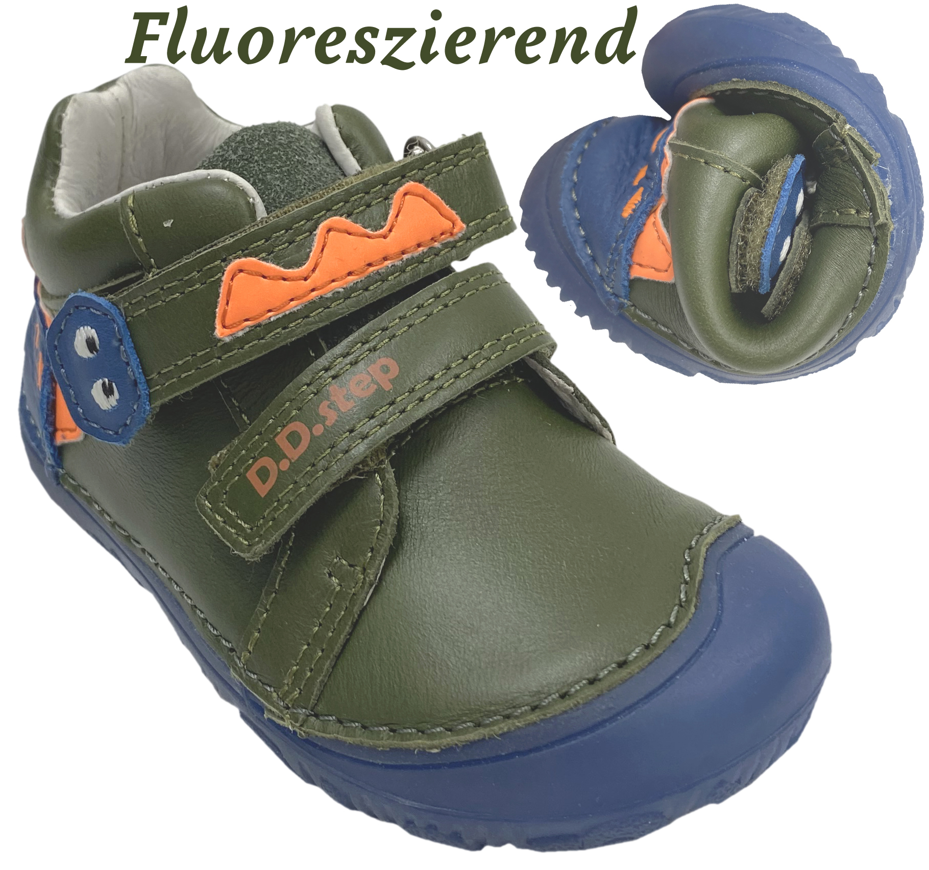 Leder Halbschuhe, knautschige Minimalsohle *GLOW in The Dark* von D.D.Step Barefoot in Khaki Monster