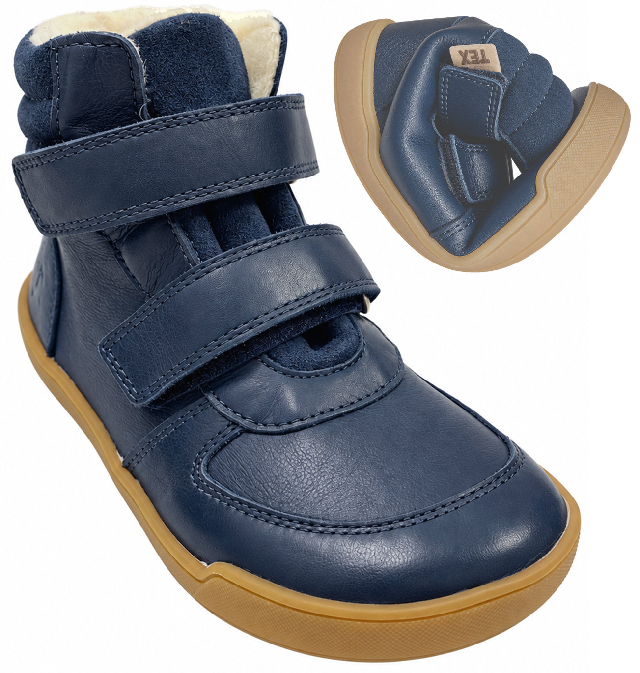 Vollleder Winterstiefel, Schurwollfutter + TEX Membran von TELYOH Barefoot Runner in Navy 1211