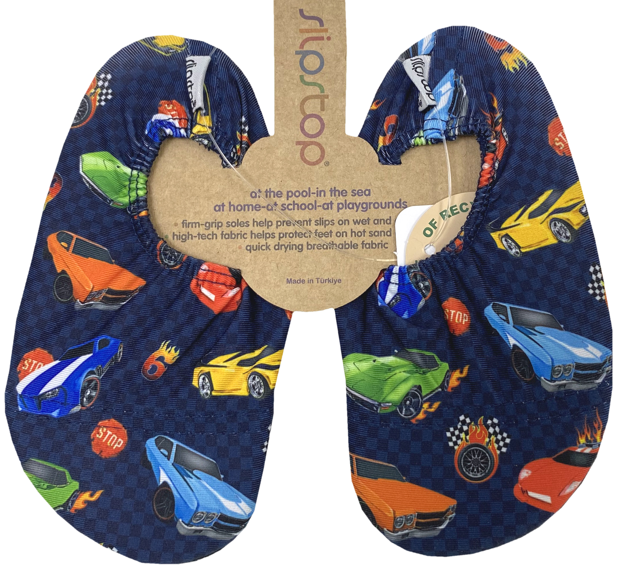 Slip Stop Badeschuhe / Turnschläppchen Barfußschuhe *Monaco / Sportwagen auf Dkl. Blau *