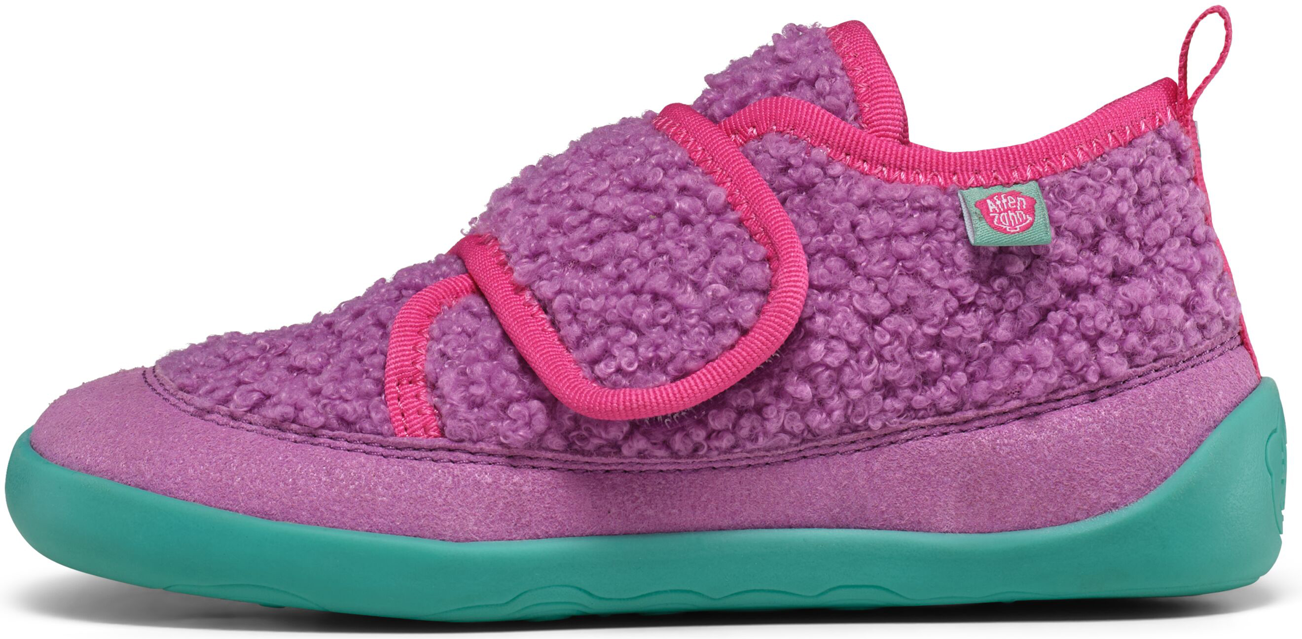 Veganer Hausschuh / Minimalschuhe aus recyceltem Fleece von AFFENZAHN * Eule in Lila / Pink *