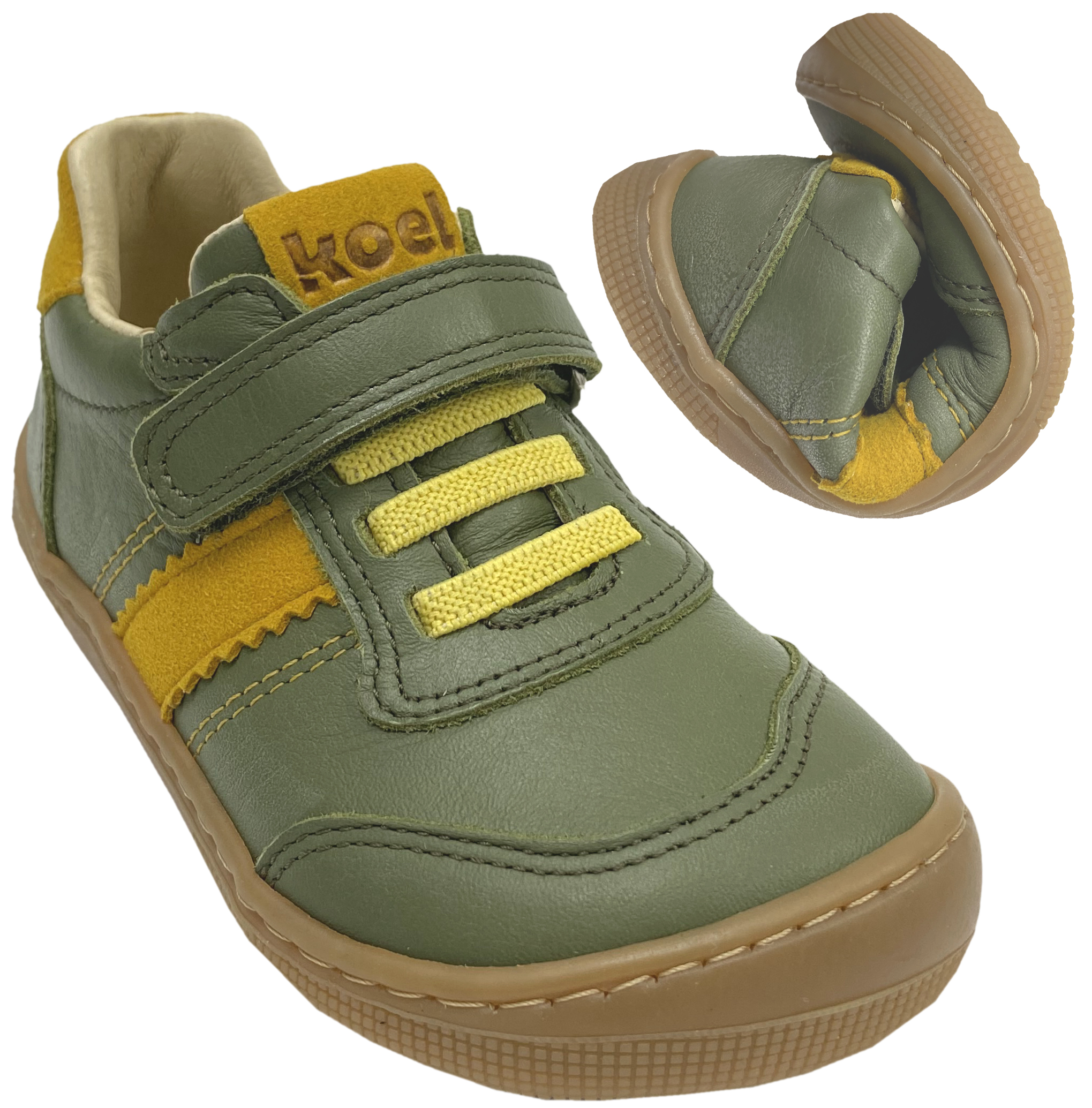 Low Top Leder Sneaker mit Klett in Oliv Grün / Gelb DYLAN Leather 3.0 von KOEL Barefoot