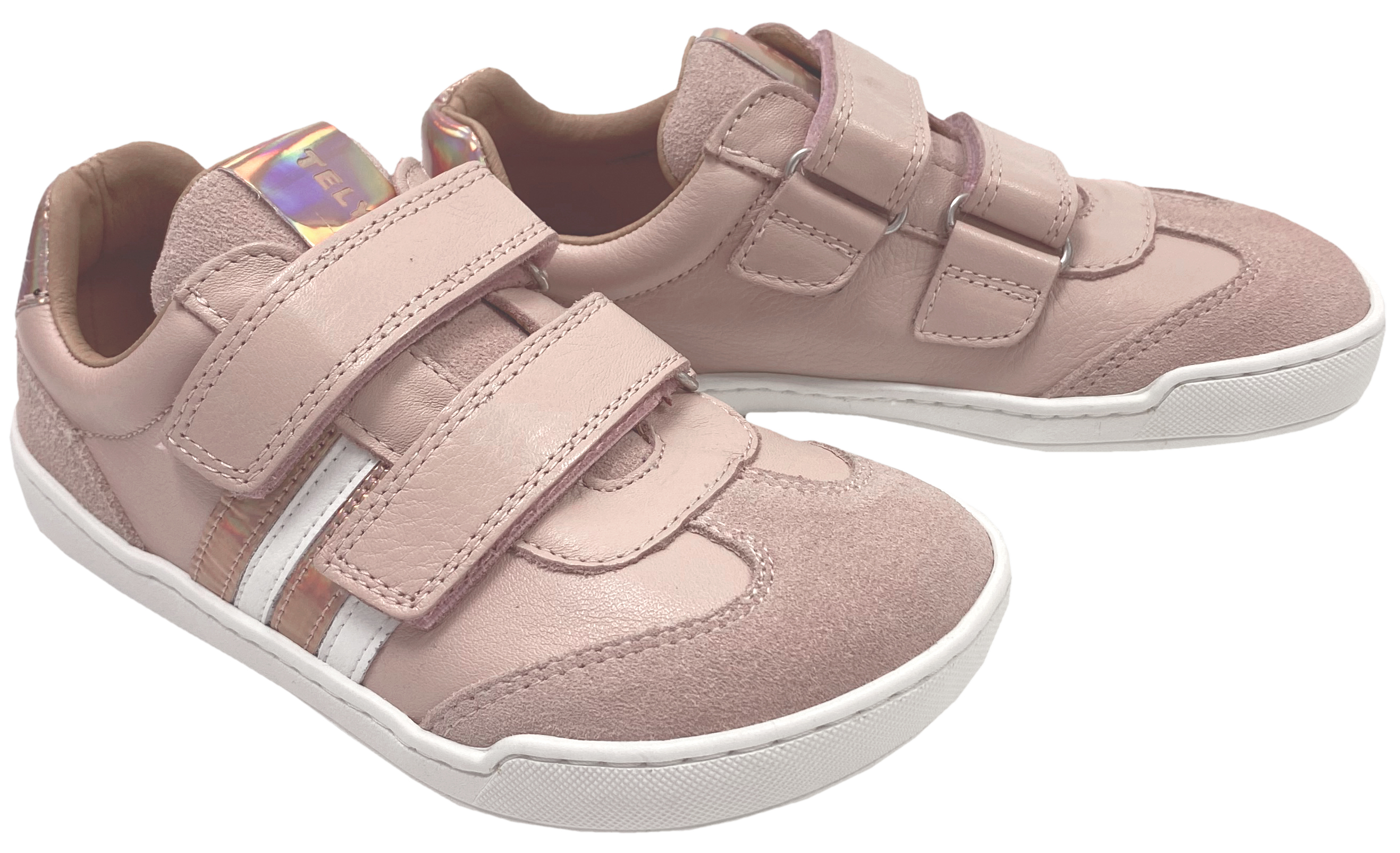 Leder Sneaker / Barfußschuhe + seitliche Zierstr. mit Doppelklett in Rosa + Glitzer von TELYOH Barefoot / Runner