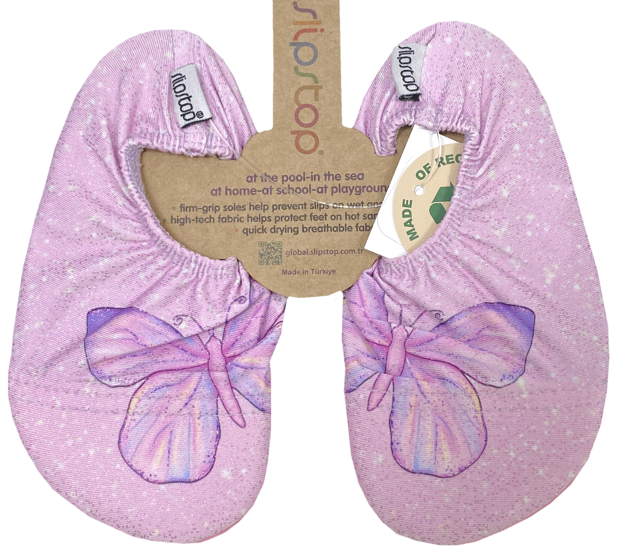 Slip Stop Badeschuhe / Turnschläppchen Barfußschuhe * Peri / Schmetterling auf Rosa Glitter *