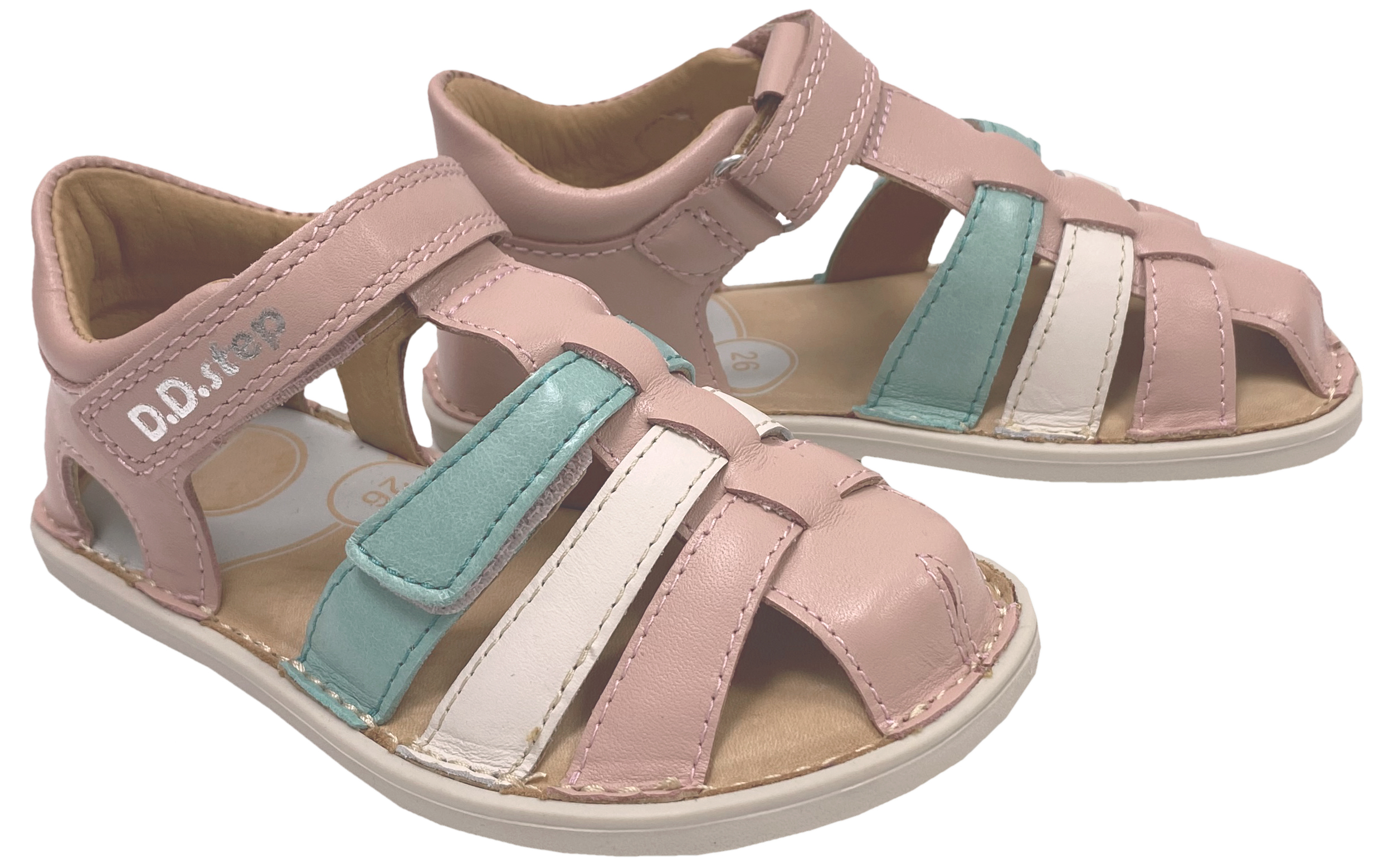 Leder Riemchen Sandalen Barfußschuhe, Zehen & Fersenschutz von D.D.Step Barefoot in Pink Bunt