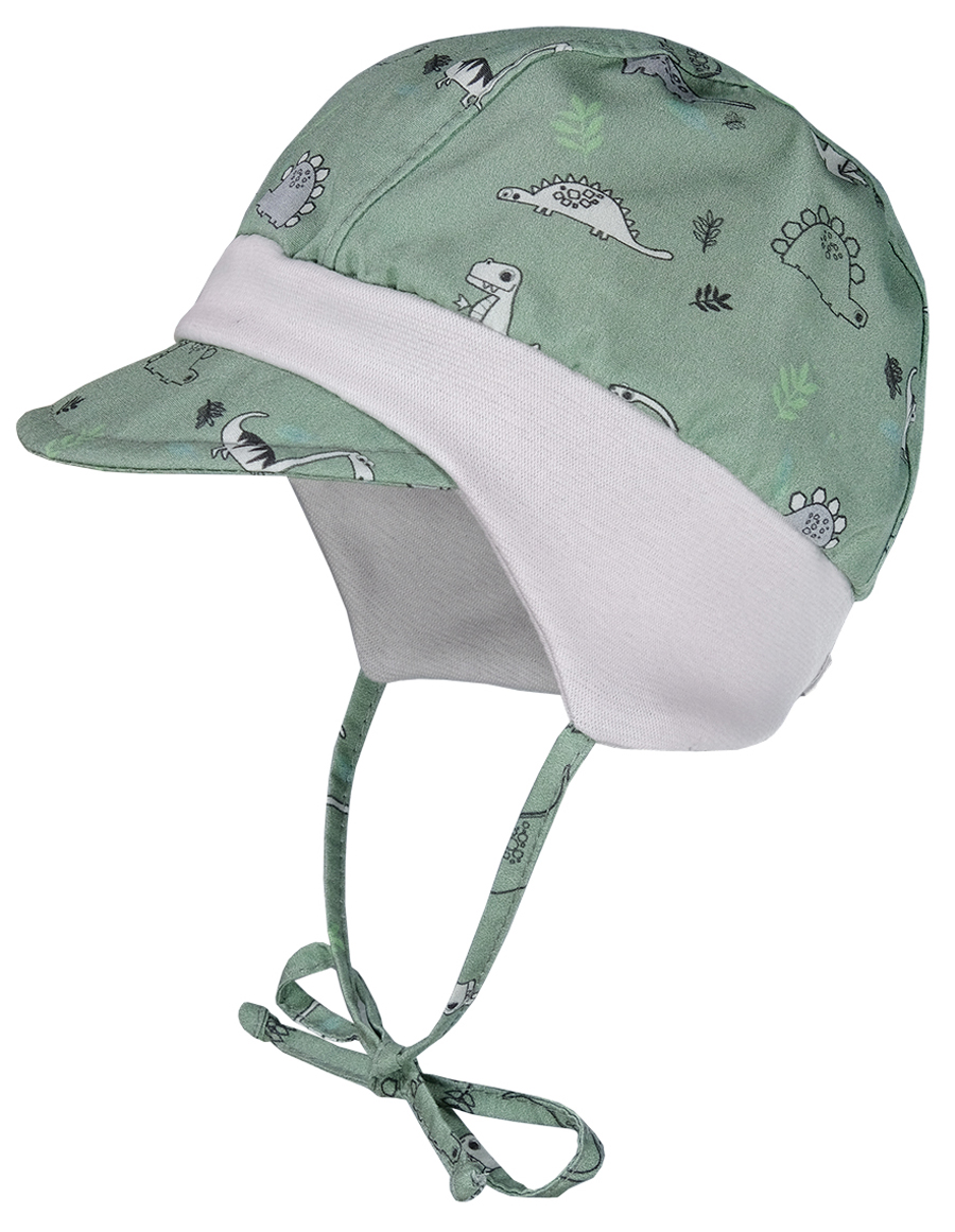 Babymütze mit Jersey Einsatz z.binden in Hell Oliv, mit Dino AOP UPF 15 v. MAXIMO 101500