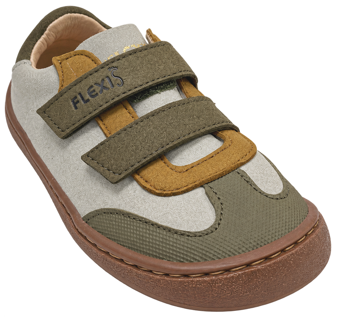 Vegane Sneaker / Barfußschuhe von FLEXI NENS in Khaki / Grau / Dunkel Ocker 9022-R