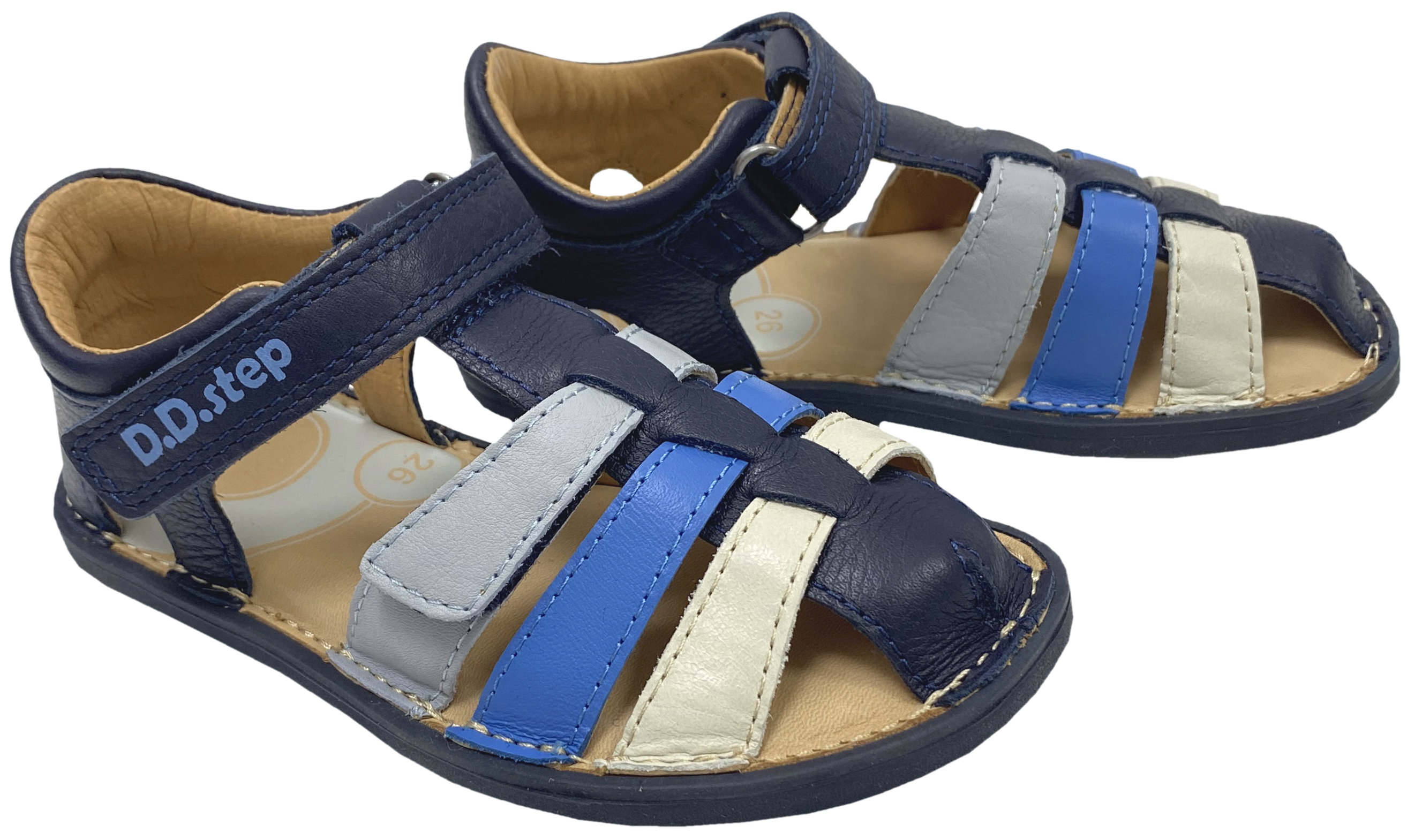 Leder Riemchen Sandalen Barfußschuhe, Zehen & Fersenschutz von D.D.Step Barefoot in DKL Blau / Royal