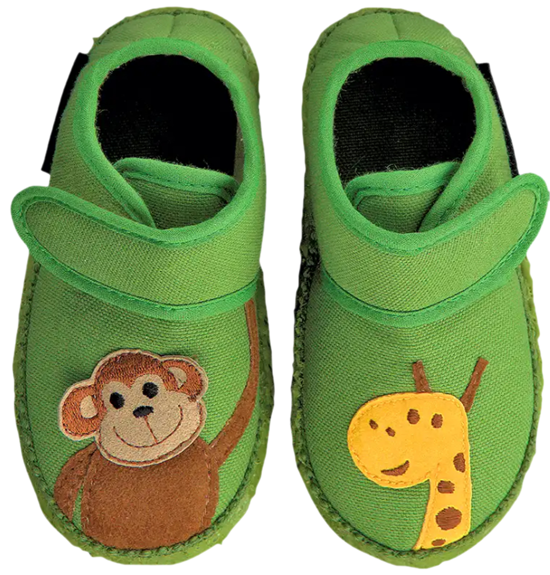 Weiche, flexible Hausschuhe mit Klett aus Baumwolle + Naturgummi Sohle NANGA Affe in Grün
