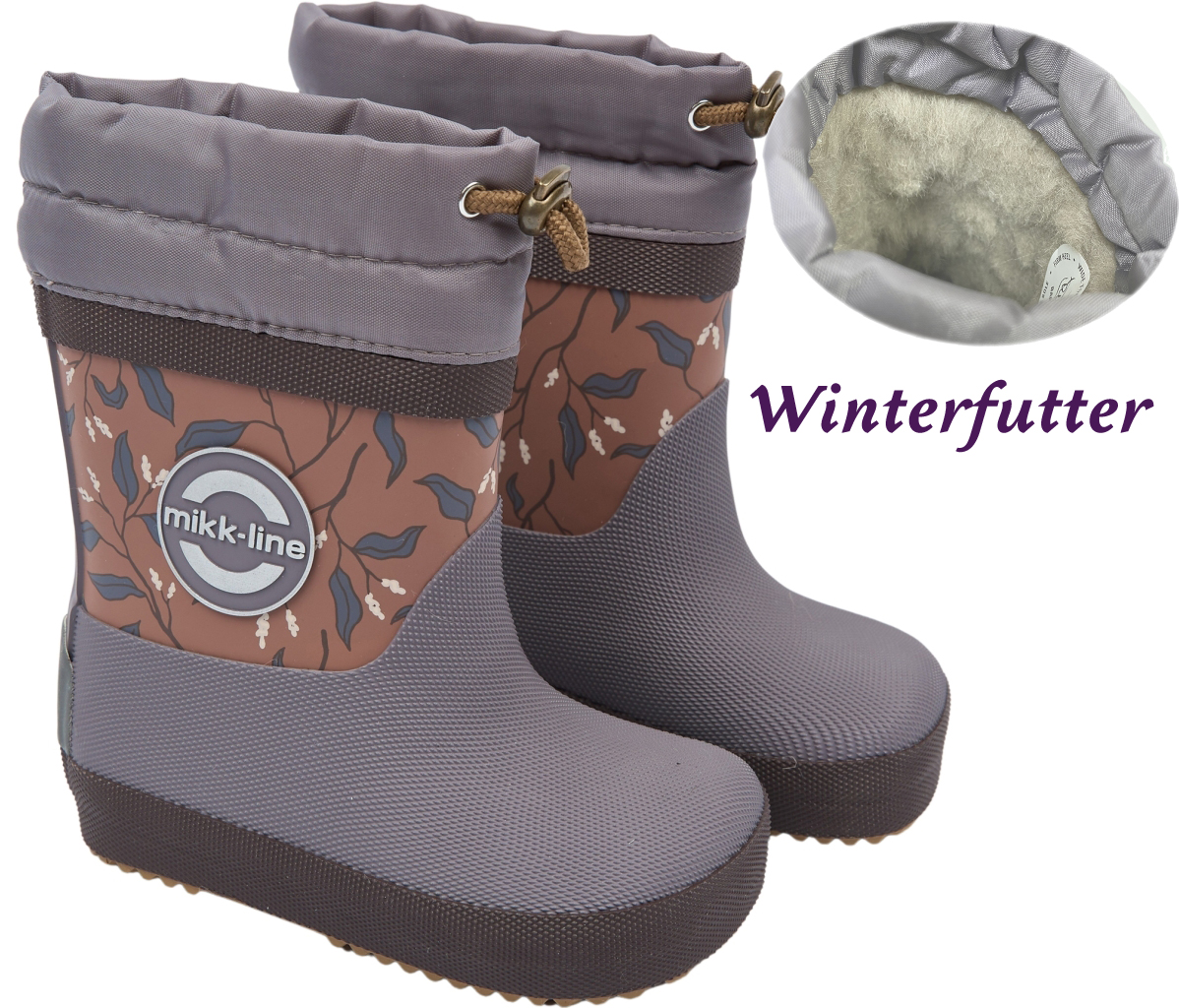 Barfuß Gummistiefel Winterfutter Wollmix in Flieder gemustert von MIKK LINE 38113