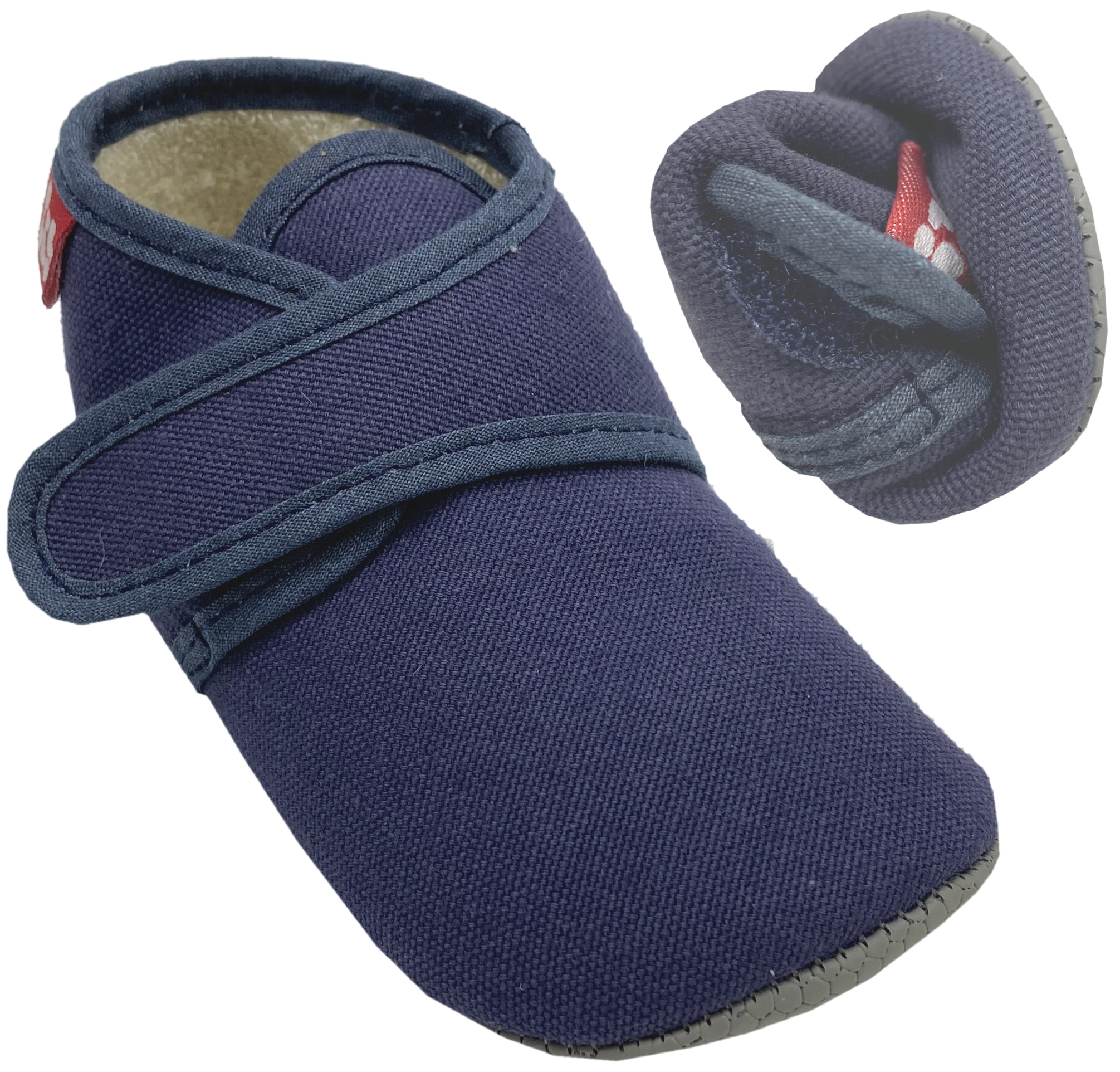 Knautschige Barfußhausschuhe mit Klett BIO BW + Anti Rutsch Sohle *Blau Uni* von POLOLO