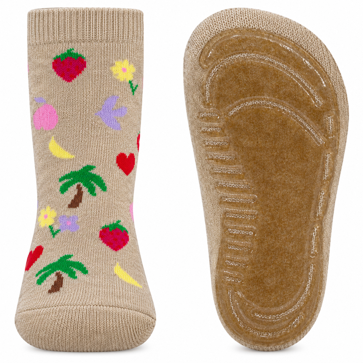 Stoppersocken aus BW Vollfrottee Softstep Sohle v. EWERS in Beige Mel bunte Palmen & Blumen