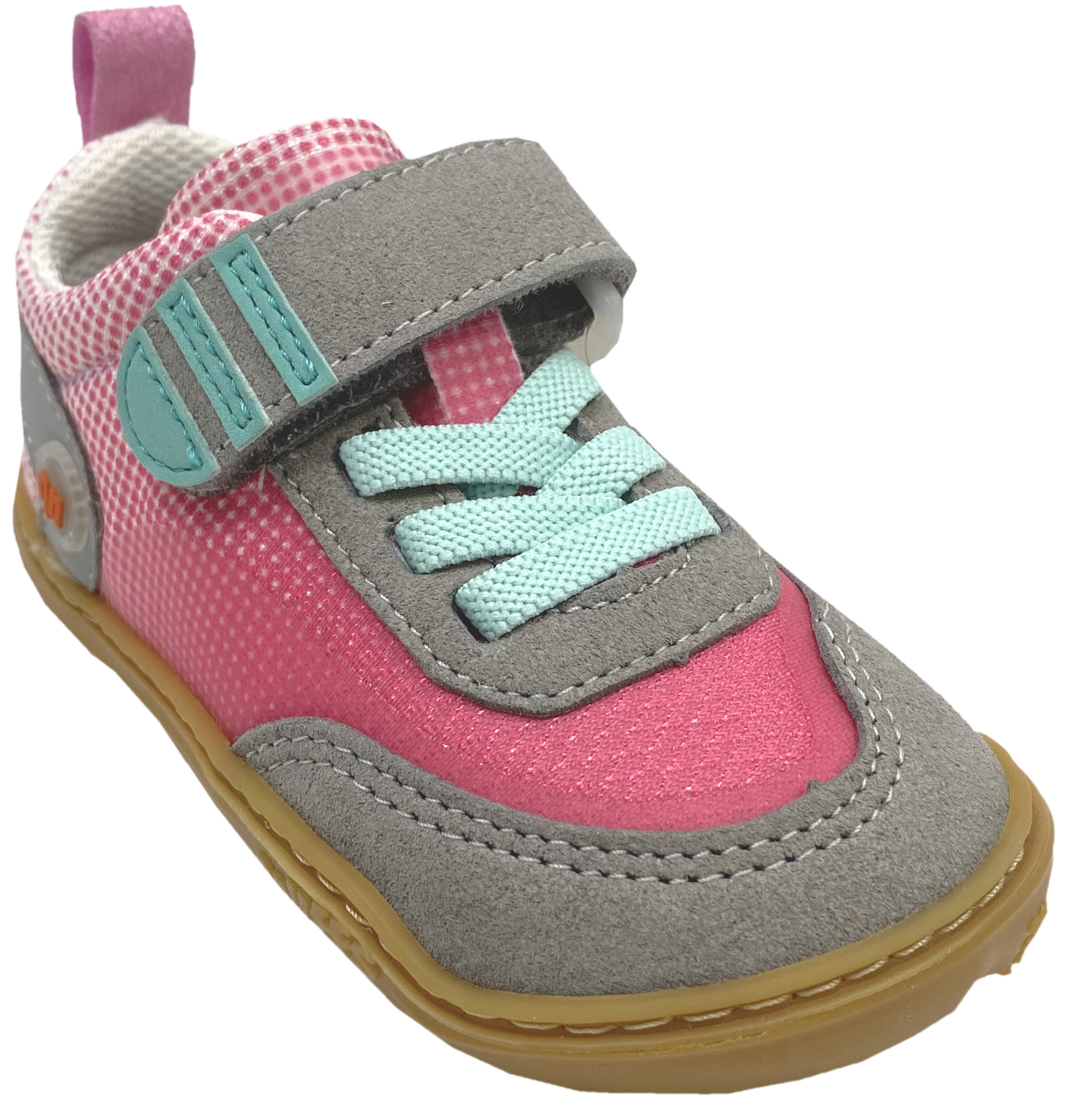 Vegane Barfuß Sneaker mit Klett & Zierschnürung von QNUFFS by Ricosta  *Fichte* in Hellgrau / Pink