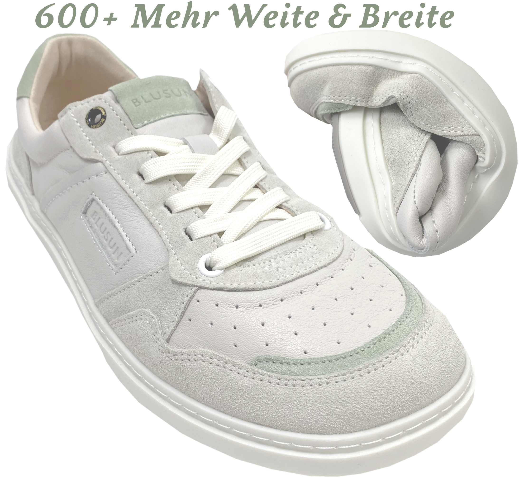 Lässiger Barfuß Sneaker aus Nappa- & Veloursleder für kräftige Füße von BLUSUN 600+ Off White Green