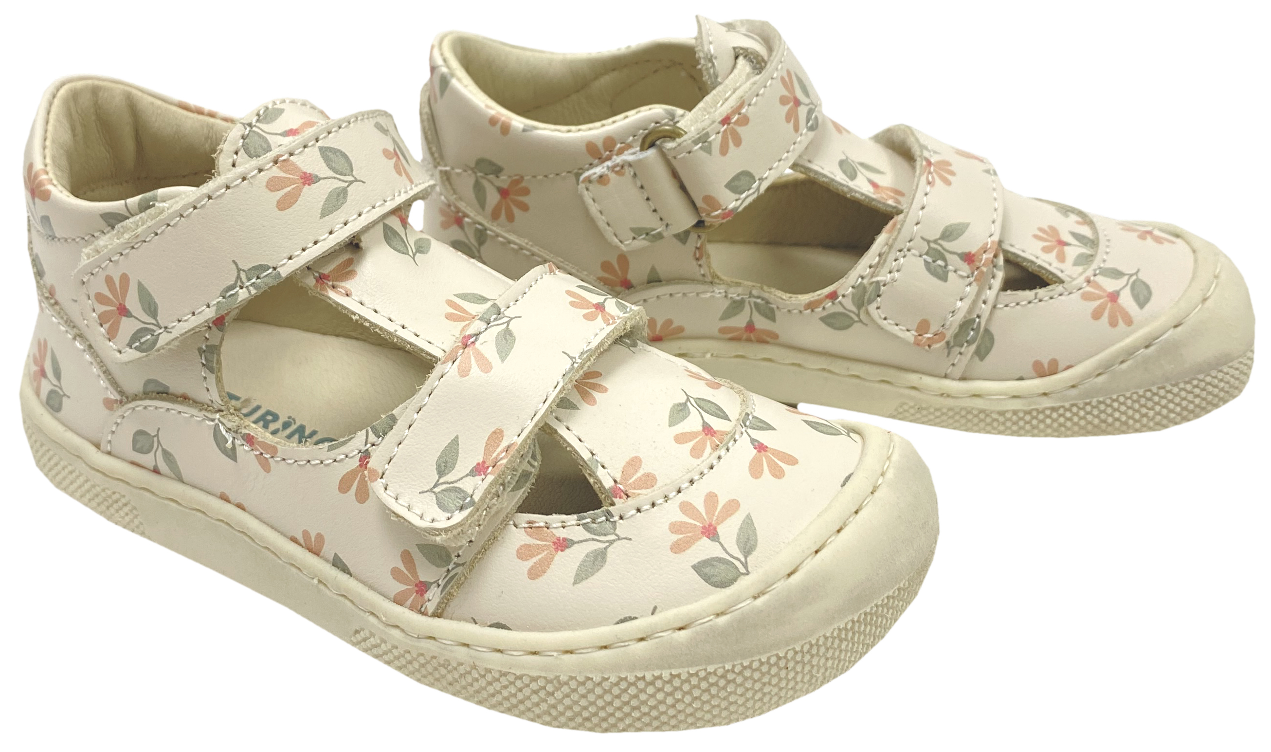Halbsandale / Minimalschuhe aus Leder + Doppelklett NATURINO Barefoot "IRTYS" Creme mit Blüten Muster