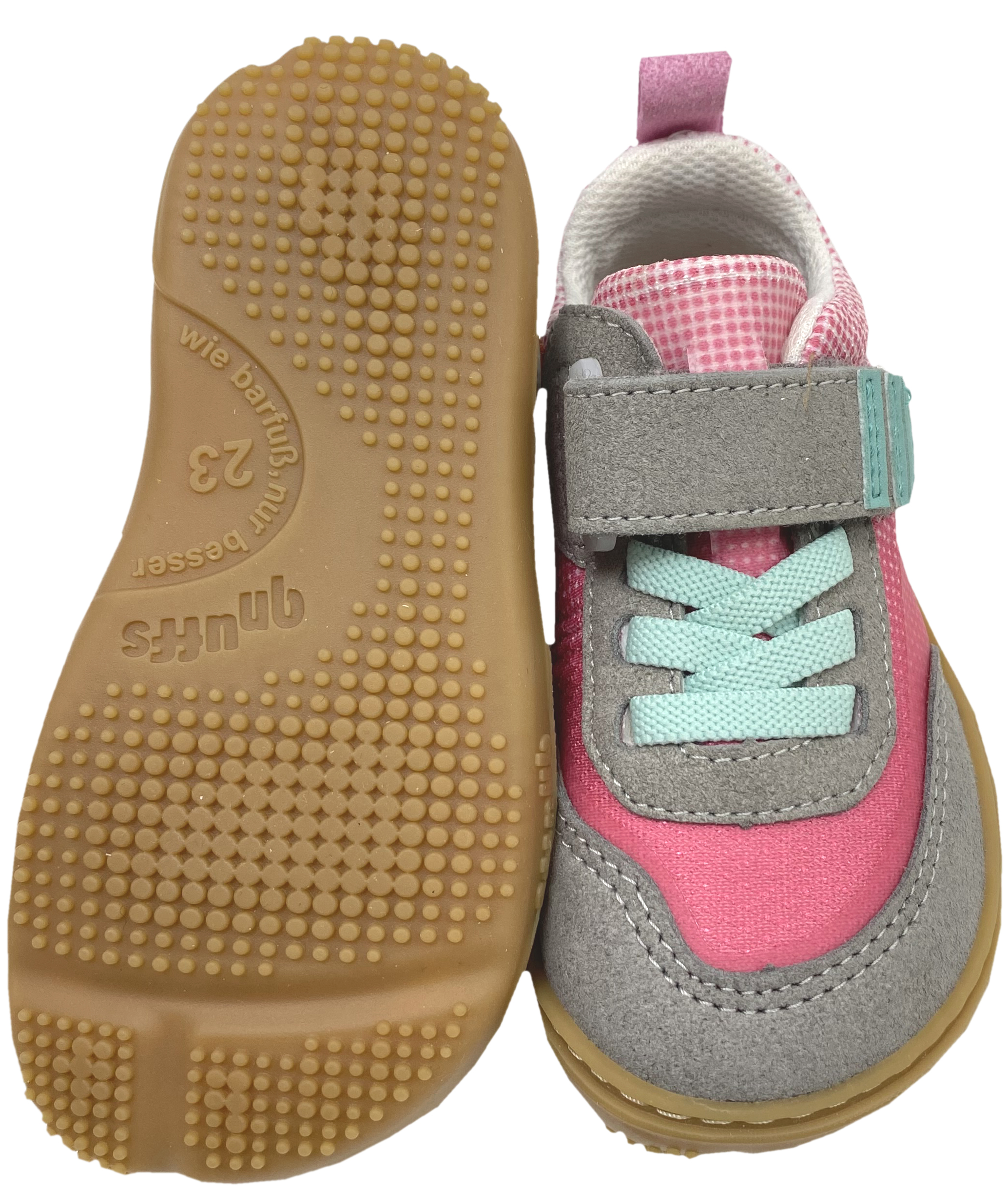 Vegane Barfuß Sneaker mit Klett & Zierschnürung von QNUFFS by Ricosta  *Fichte* in Hellgrau / Pink