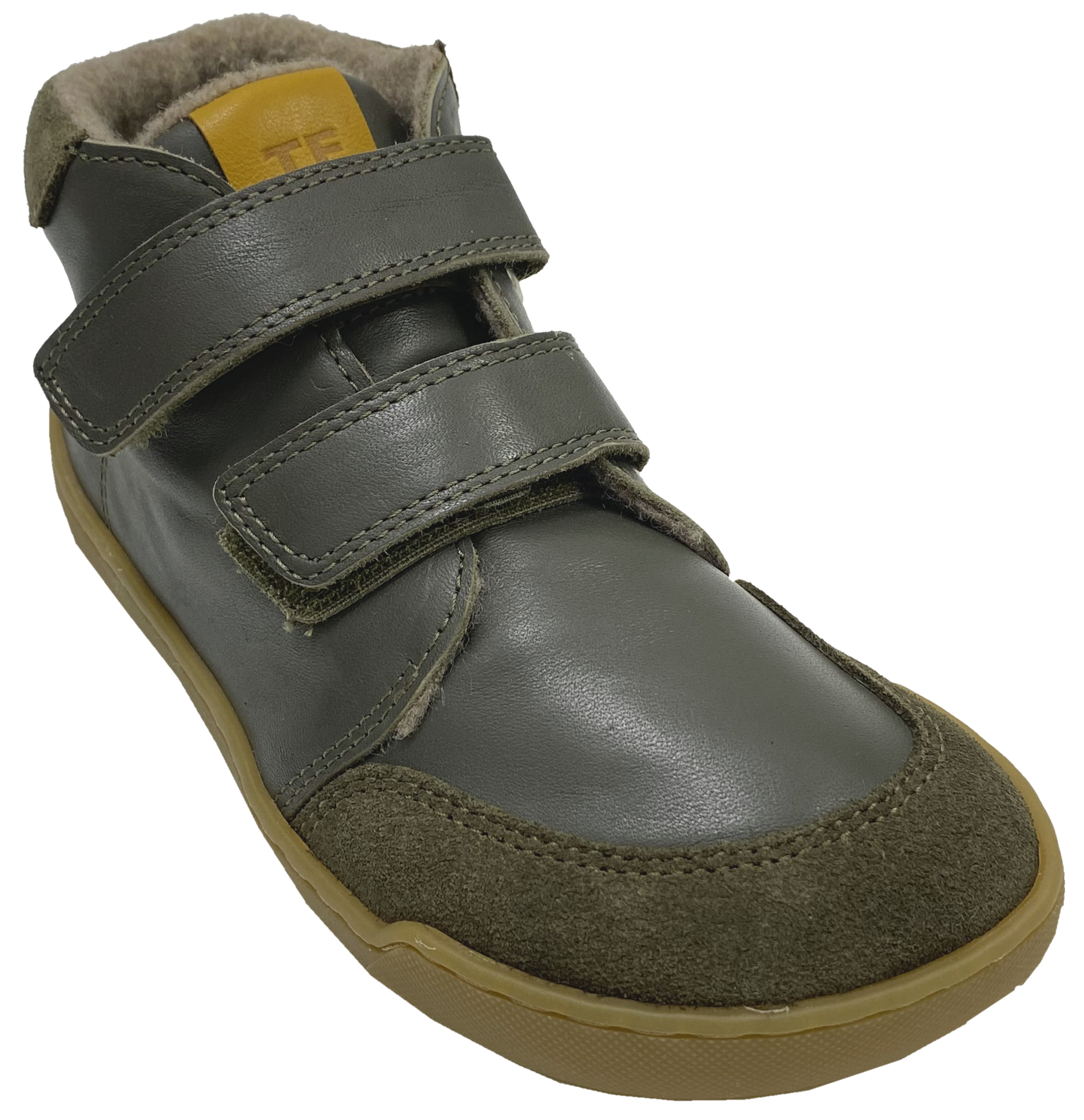 Knöchelhohe Lederschuhe, Doppelklett & Wollfleece Futter von TELYOH  Barefoot Runner in KHAKI