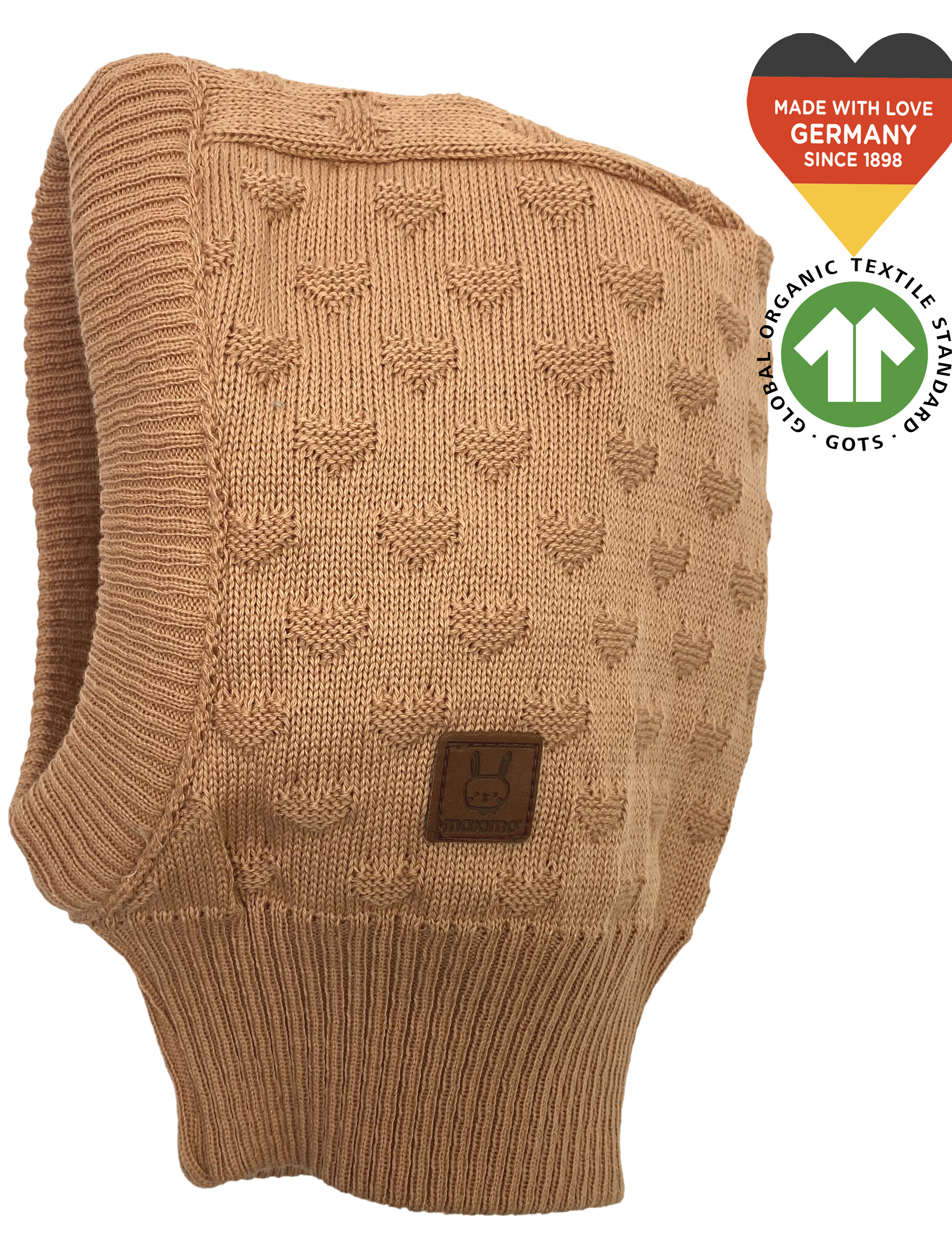 Schlupfmütze /Schalmütze in hellem Terra, Strukturstrick Herz reine BW GOTS z. für Baby's v. MAXIMO