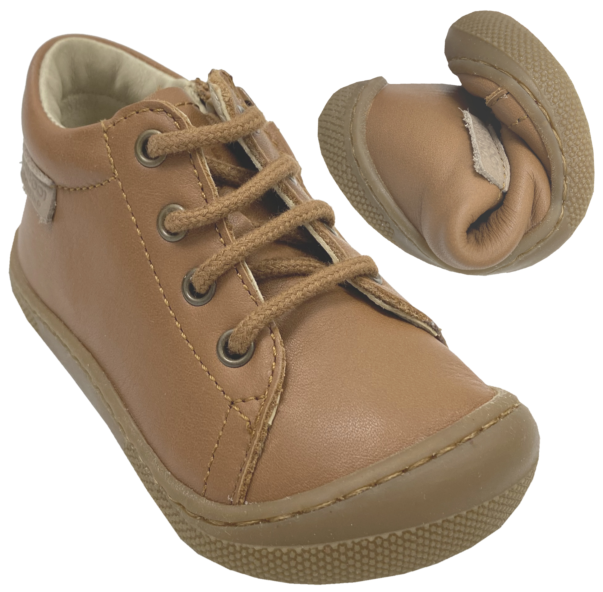 Lederschuhe mit Schnürung & Zipper aus weichem Leder von NATURINO Barefoot * Amur in Cognac *