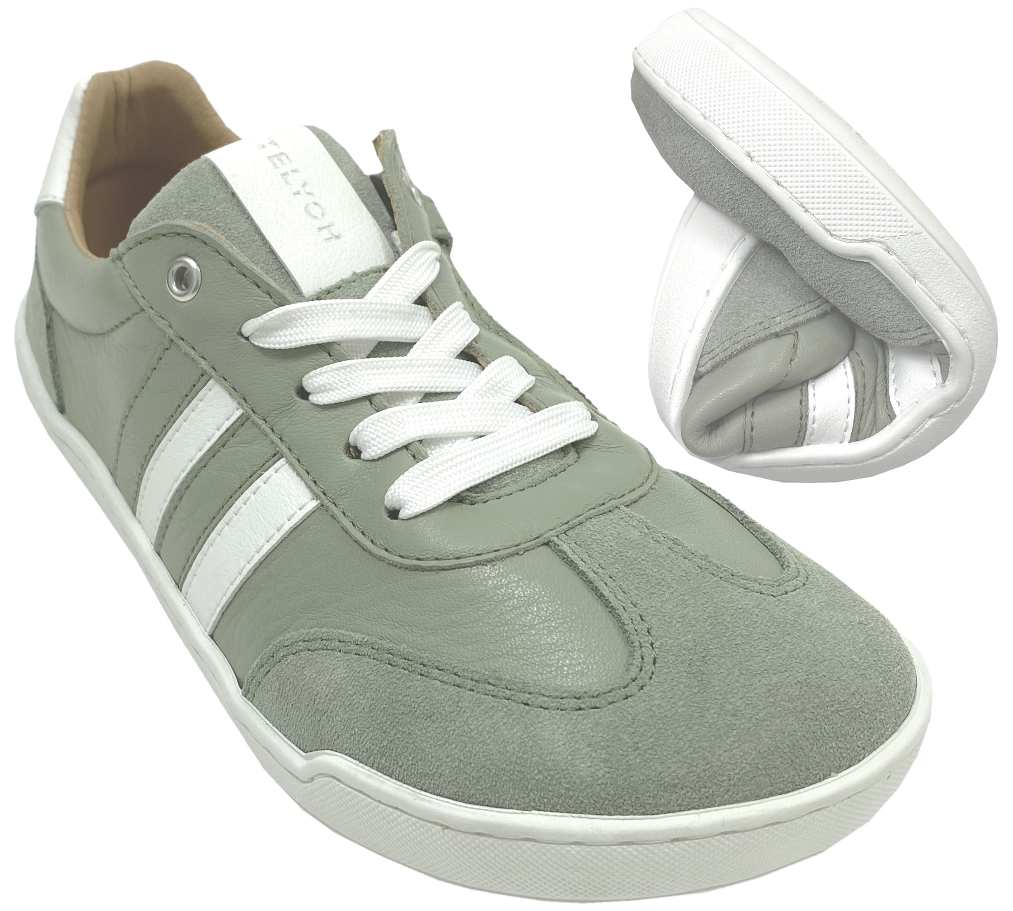 Leder Sneaker / Barfußschuhe + seitliche Zierstr. Schnürer & Zipper in Sage Grün / Weiß von TELYOH Barefoot / Runner