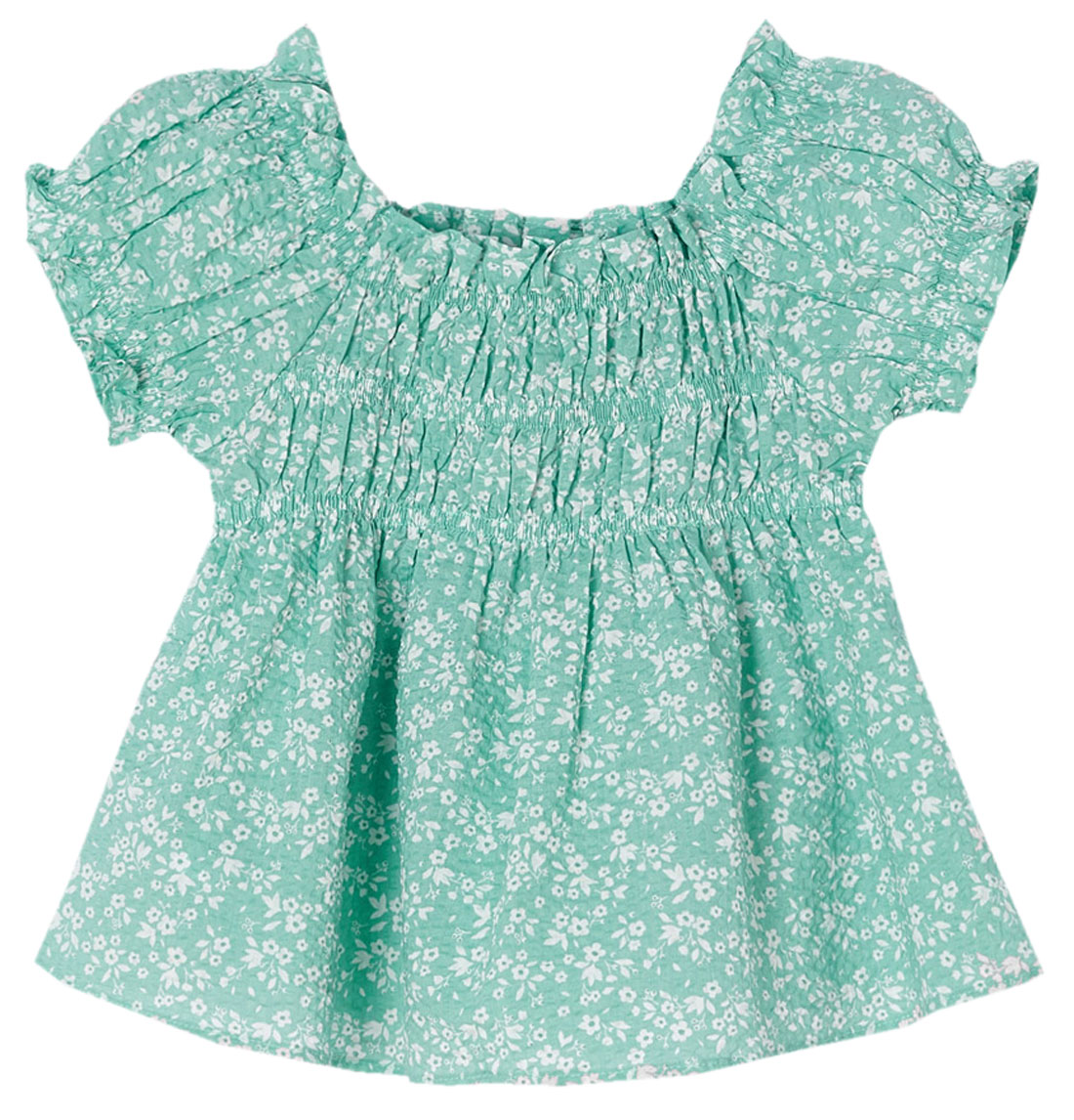 Luftig leichte Tunika Bluse Kurzarm mit gesmokter Front in Jade mit Blümchenmuster v. MAYORAL 3129