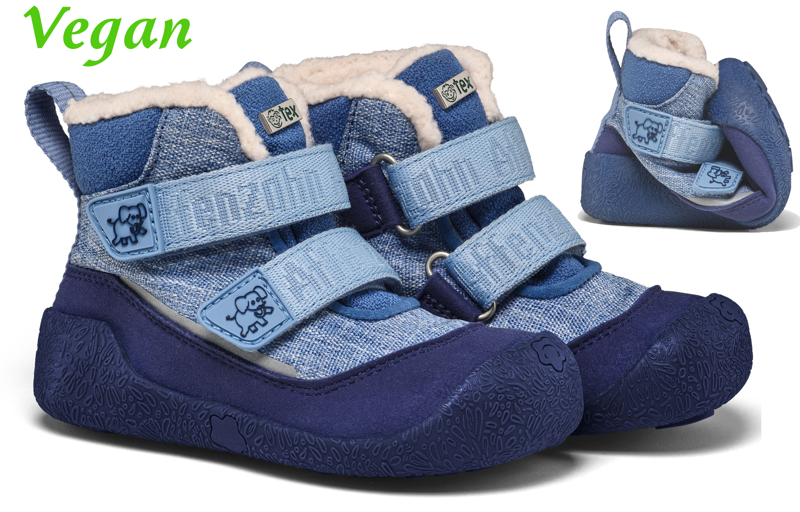 Veganer Midboot  SNUGGY mit Winterfutter von AFFENZAHN in Blau Motiv Elephant