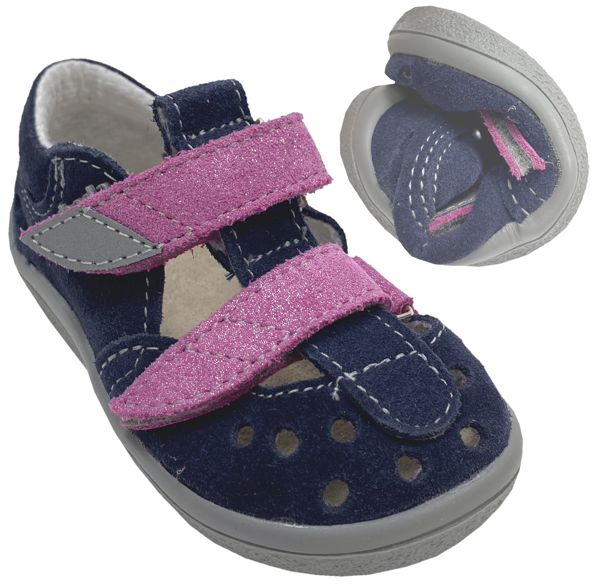 Halbsandalen / Minimalschuhe, Doppelklett, Navy Rosa Glitzer * OCEAN SHINE * von BEDA