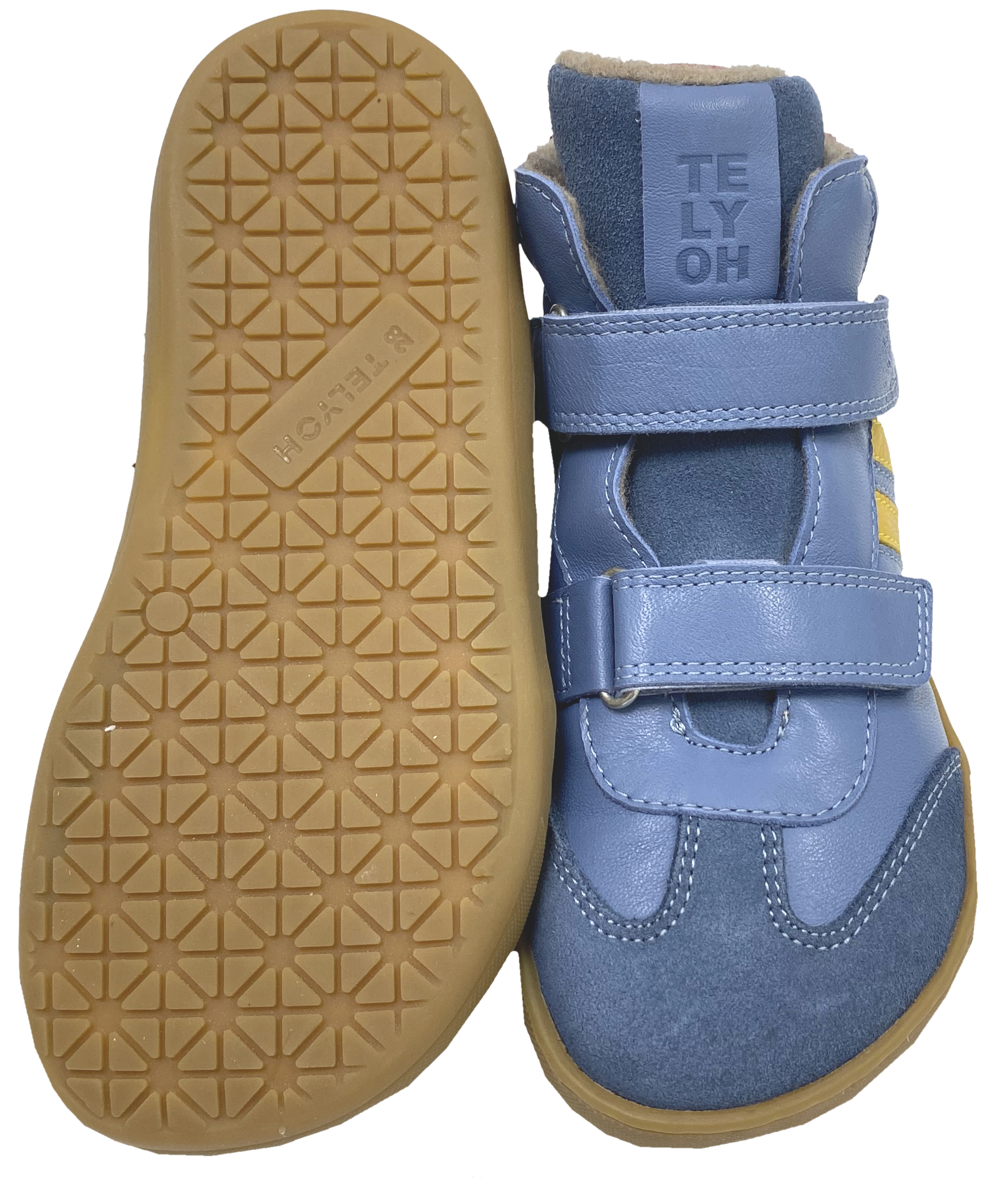 Mid Top Lederschuhe, Doppelklett & Wollfleece Futter v. TELYOH  Barefoot Runner Stripes in Jeans