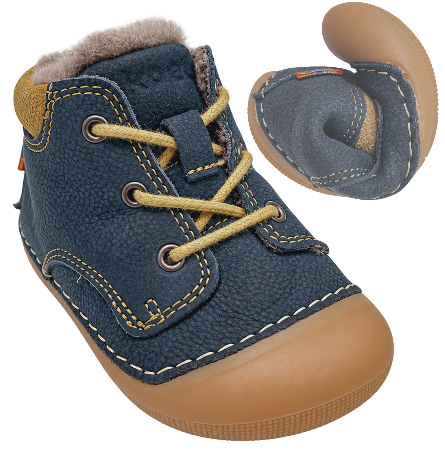 Lammfell gefütterter Barfußschuh aus Hydro Leder Schnürer *KOEL Barefoot AVA * in DK Blue 09M004.127