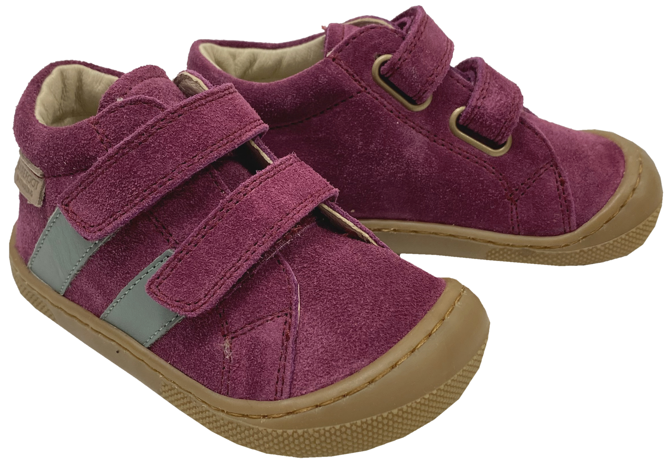 Knautschig weiche Barfußschuhe aus Suede Leder, Doppelklett NATURINO Barefoot * SABBY in Berry *