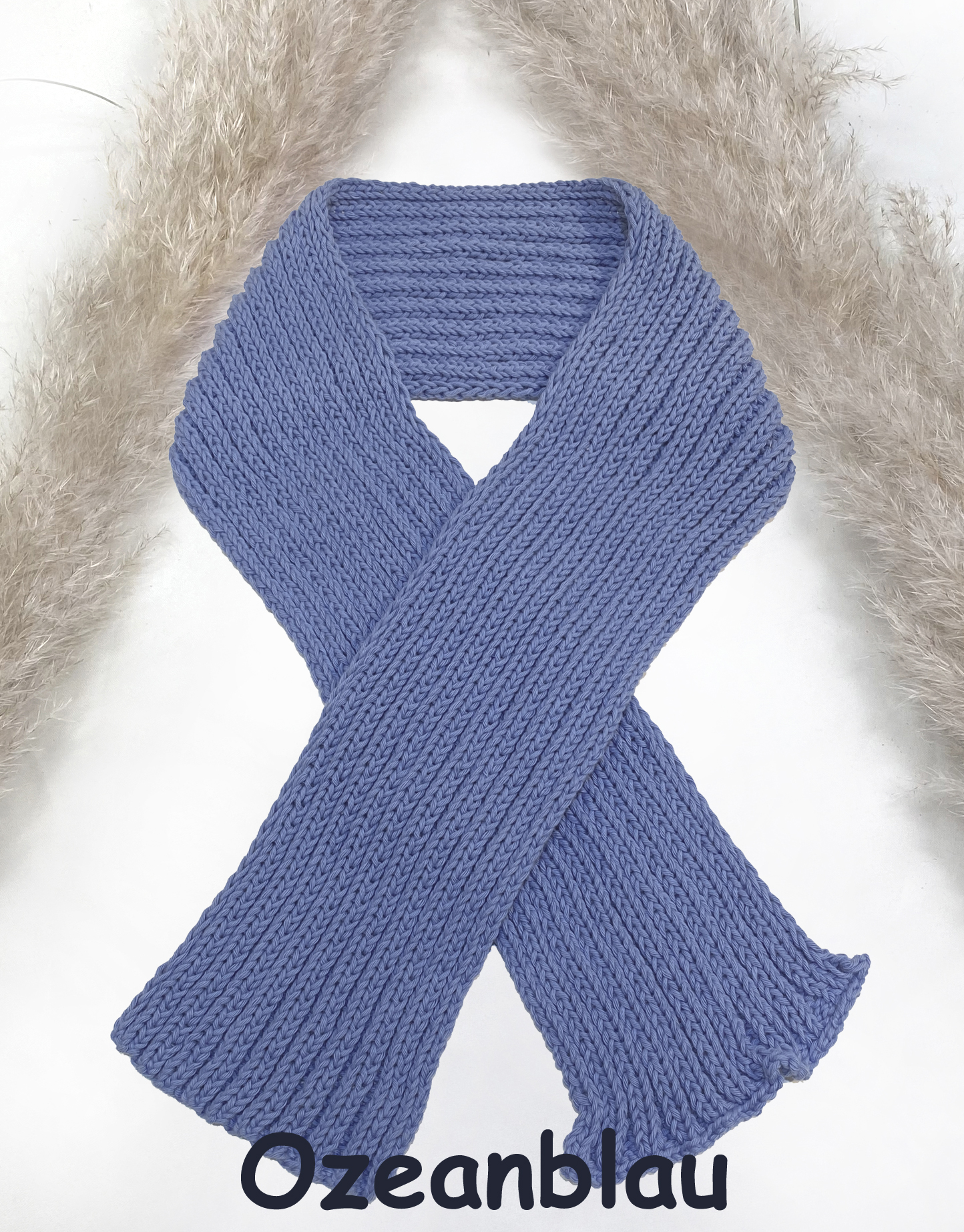 Kinderschal aus reinem Baumwollstrick OZEANBLAU im Patent Muster ca 120 cm x 12 cm Handarbeit
