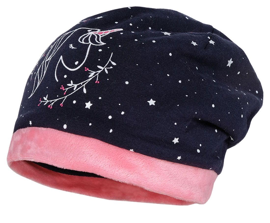 Nachtblaues Beanie mit Einhorn Print, Rosa Plüsch Rand & Fleece Futter von MAXIMO 900000