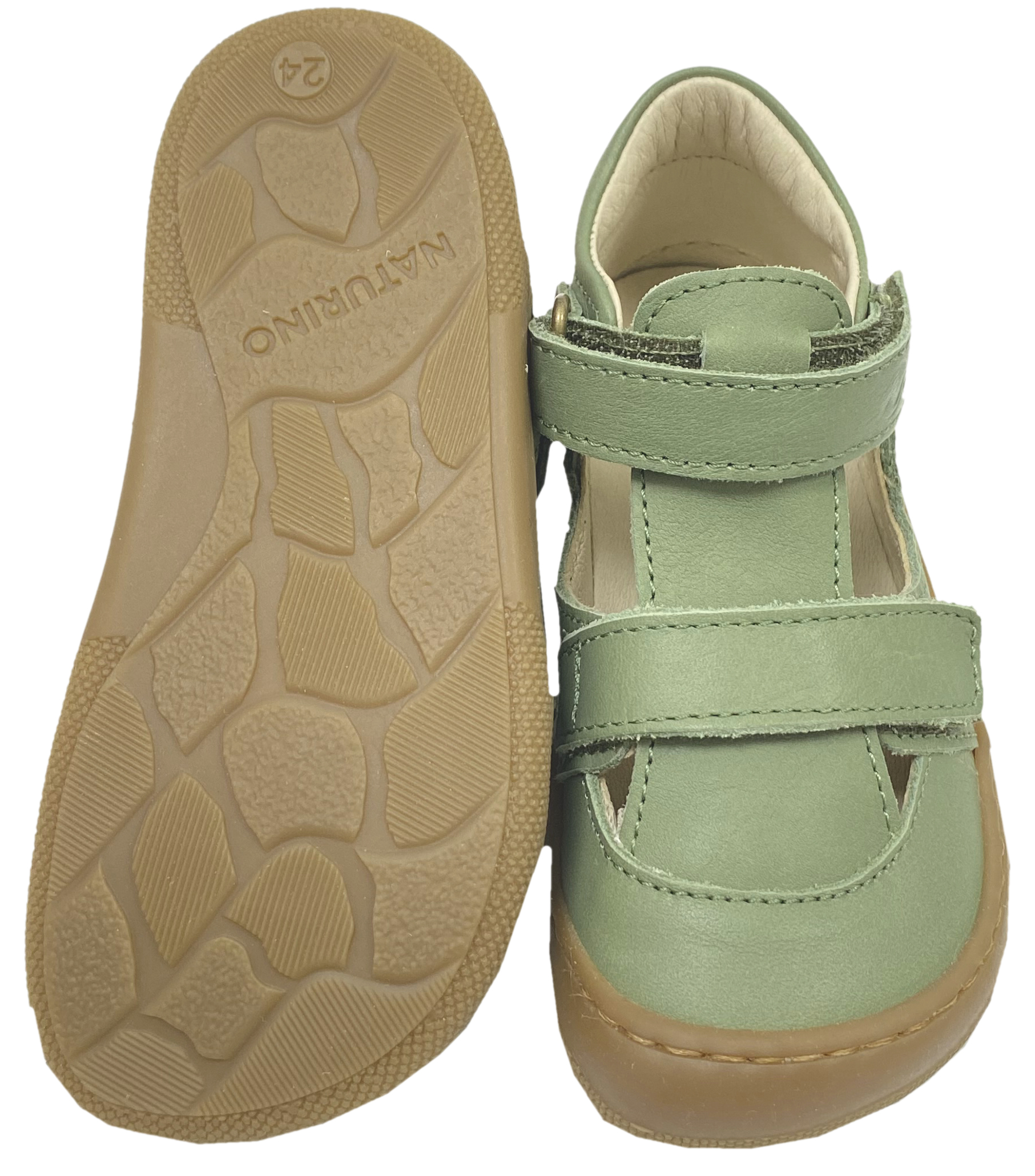 Halbsandale / Minimalschuhe aus Leder mit Doppelklett von NATURINO Barefoot "IRTYS" in Leaf (Grün Ton)- Orange