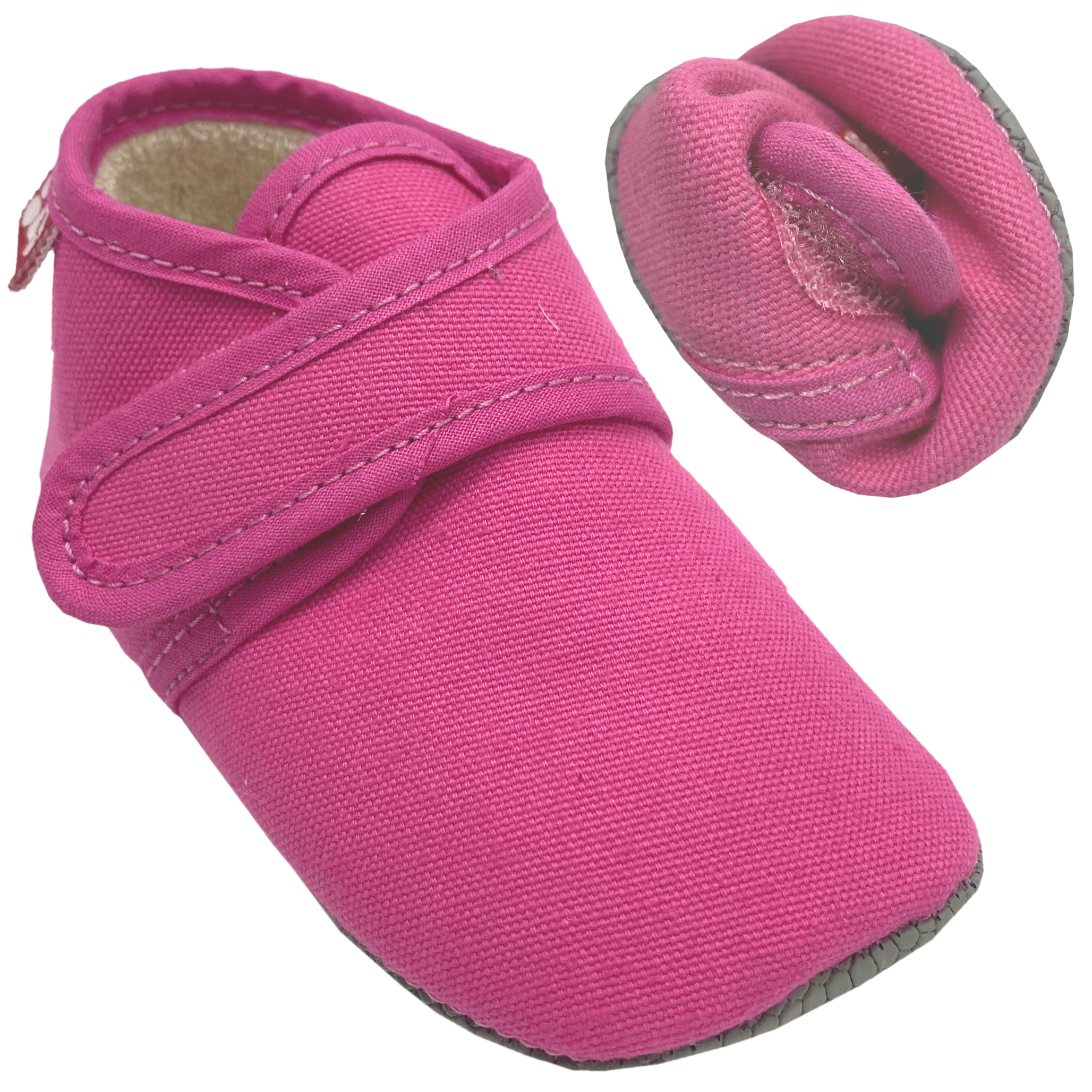 Knautschige Barfußhausschuhe mit Klett BIO BW + Anti Rutsch Sohle *Pink Uni* von POLOLO