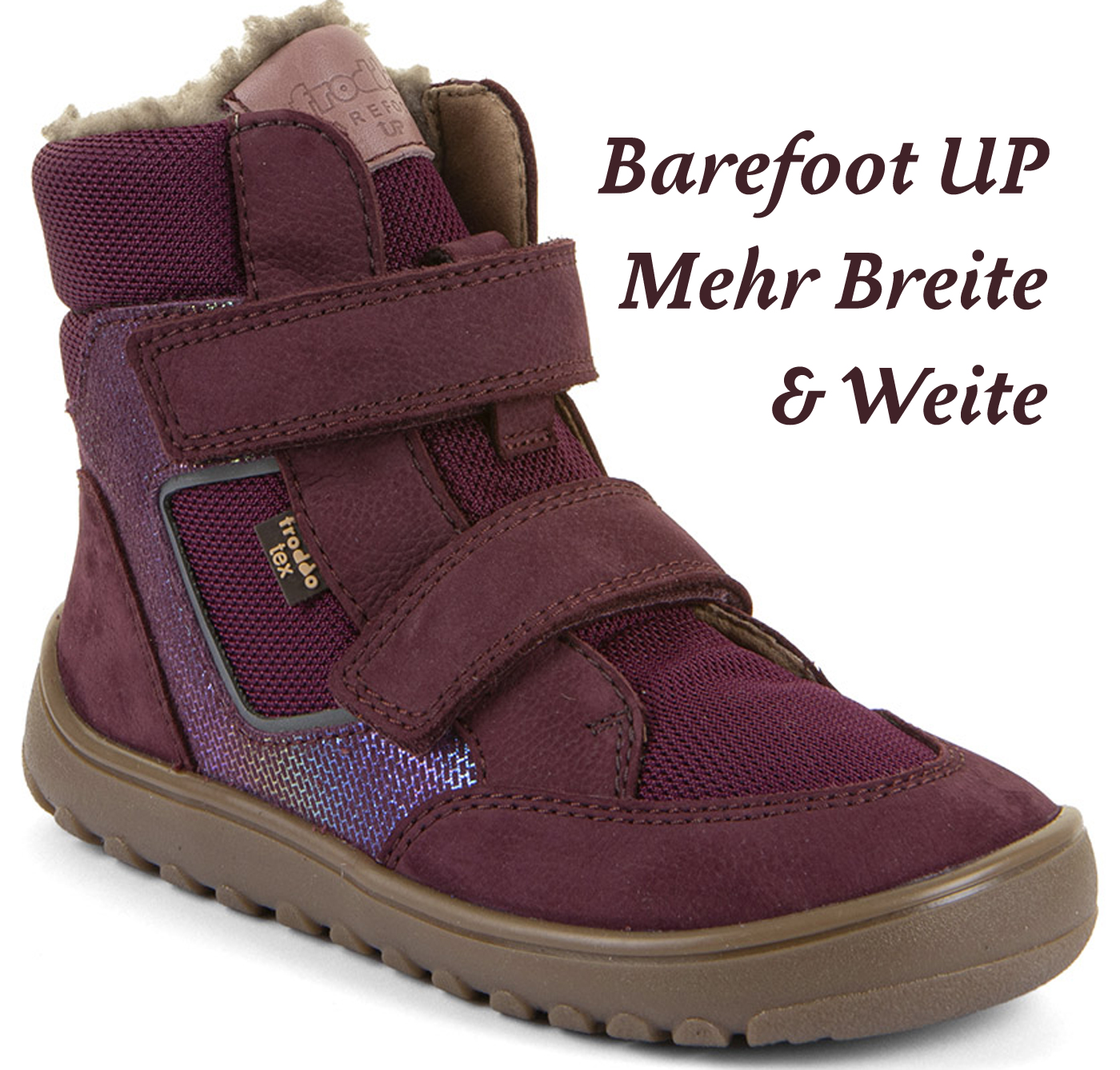 Barfußschuhe / Winterstiefel + Schurwollfutter Barefoot UP Hill Wool von FRODDO Bordeaux Glitzer G3160262