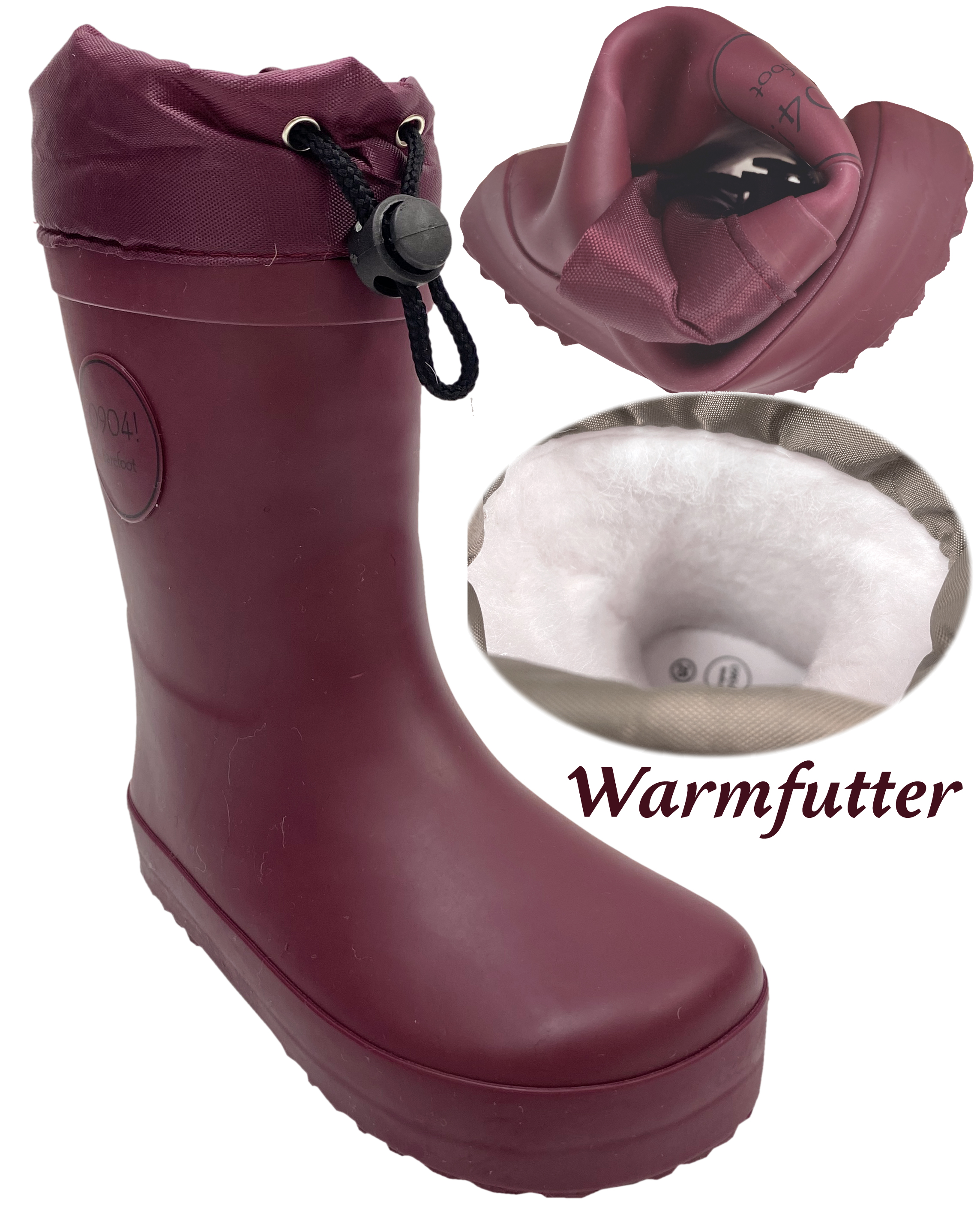 Barfuß Gummistiefel Naturkautschuk in Bordeaux * Mittelschaft, Stulpe & Warmfutter * 0904! Barefoot
