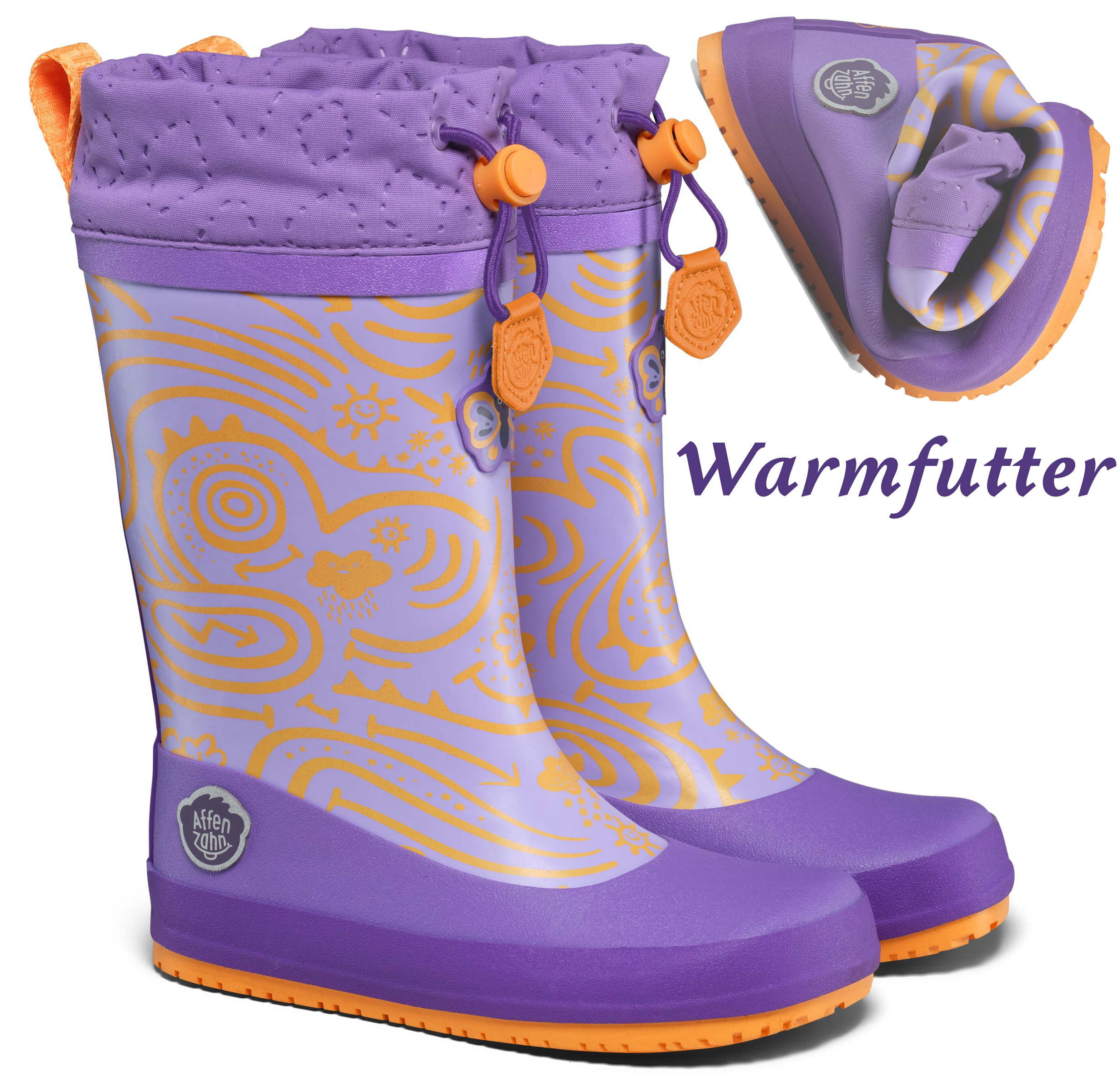 Barfuß Gummistiefel mit Warmfutter von AFFENZAHN * Vegan Puddly *  Schmetterling in Purple / Lila