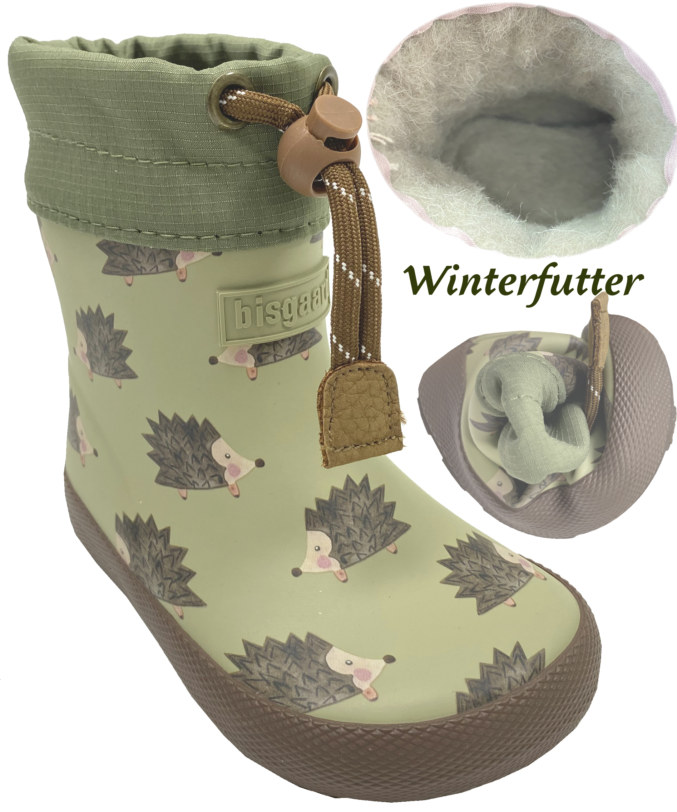 Kurze Thermo Barfuß Gummistiefel Winterfutter von BISGAARD in Grün mit Igel AOP 92023