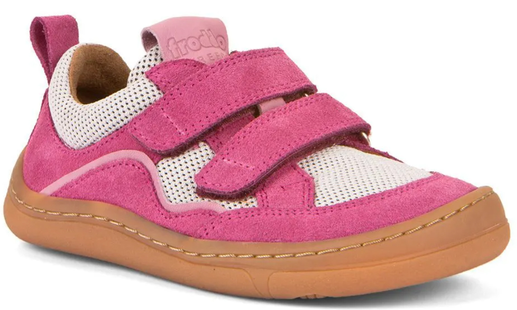 Low Top Sneaker Klett, Barfußschuhe aus Velours Leder + Mesh in Pink / Creme FRODDO 3130200-5