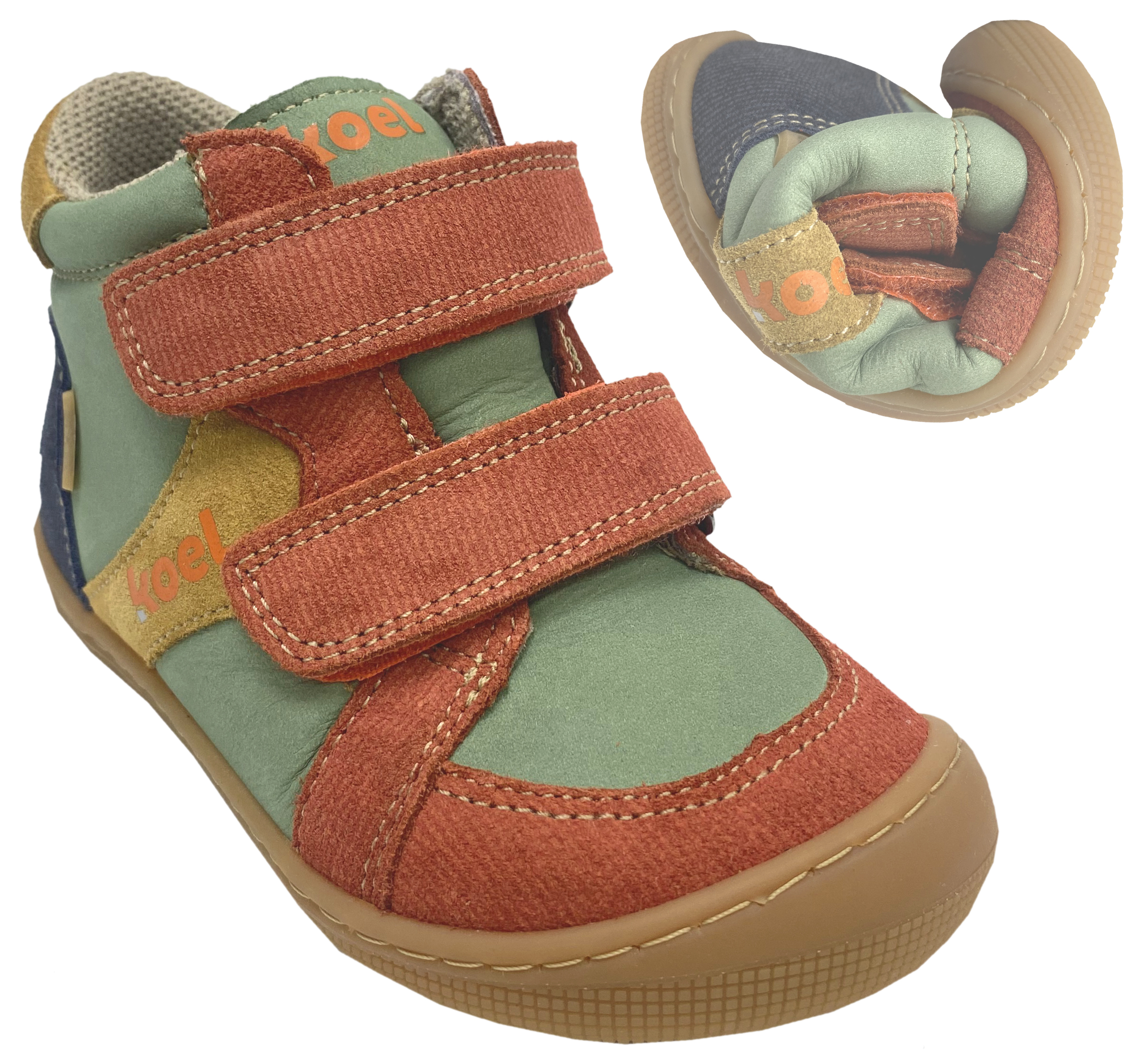 Mid Top Leder Barfußschuhe, BW Inlay & TEX v. KOEL * Dari Cotton * in Oliv / Rost 07T046.12K