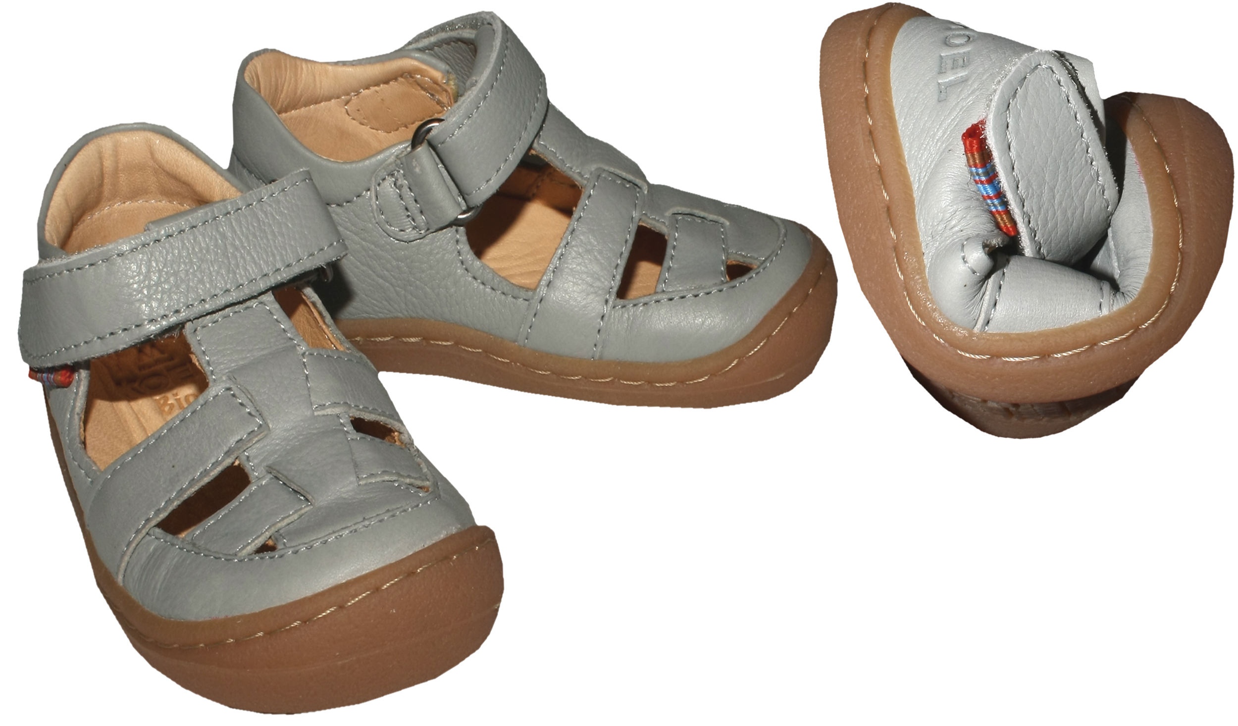 Flexible Bio Leder Halbsandale in Hellgrau mit Klett, Barfußschuhe von KOEL4KIDS Misha 813