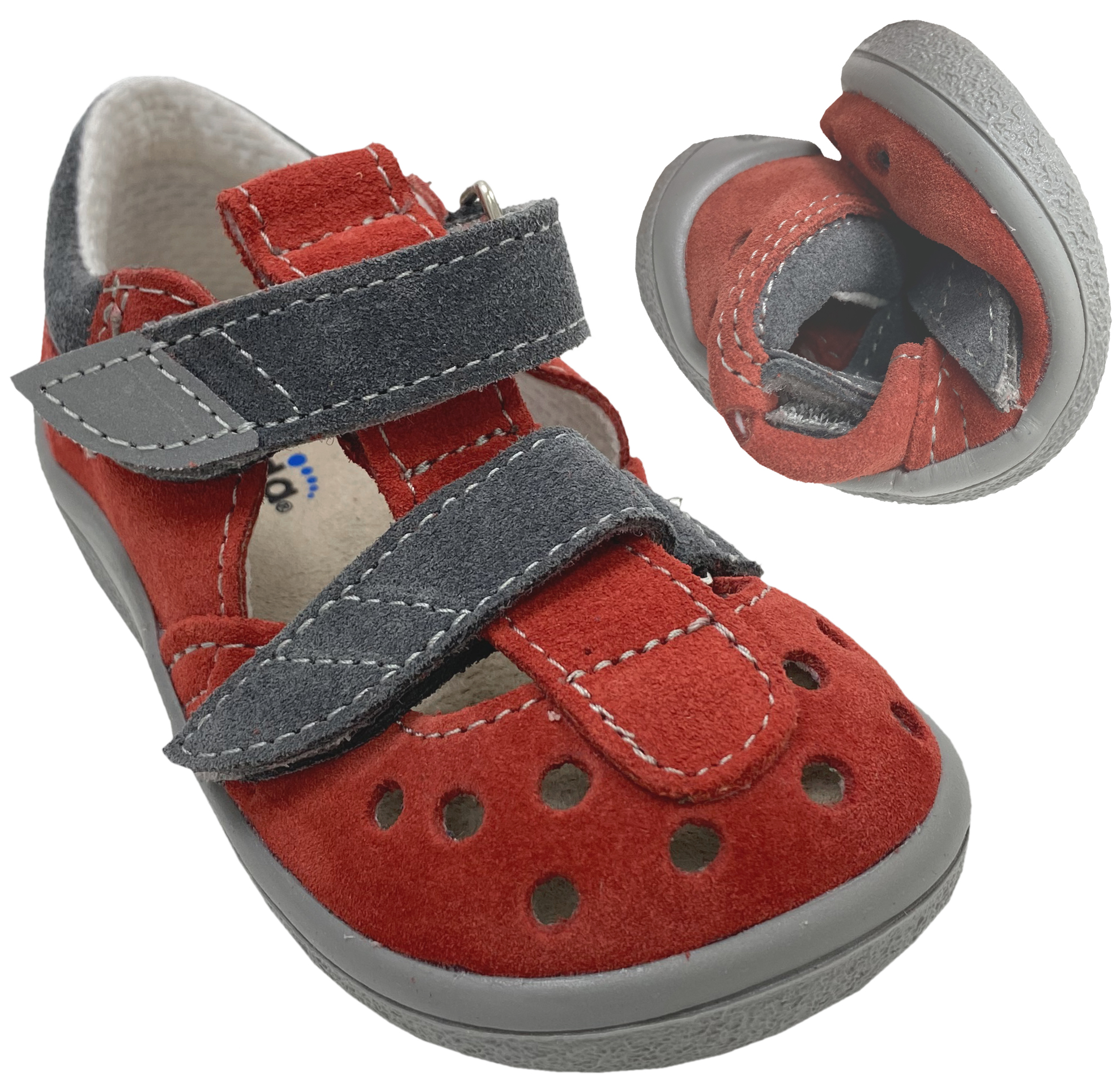 Halbsandalen / Minimalschuhe, Doppelklett, Matt Rot / Grau * ELIS * von BEDA