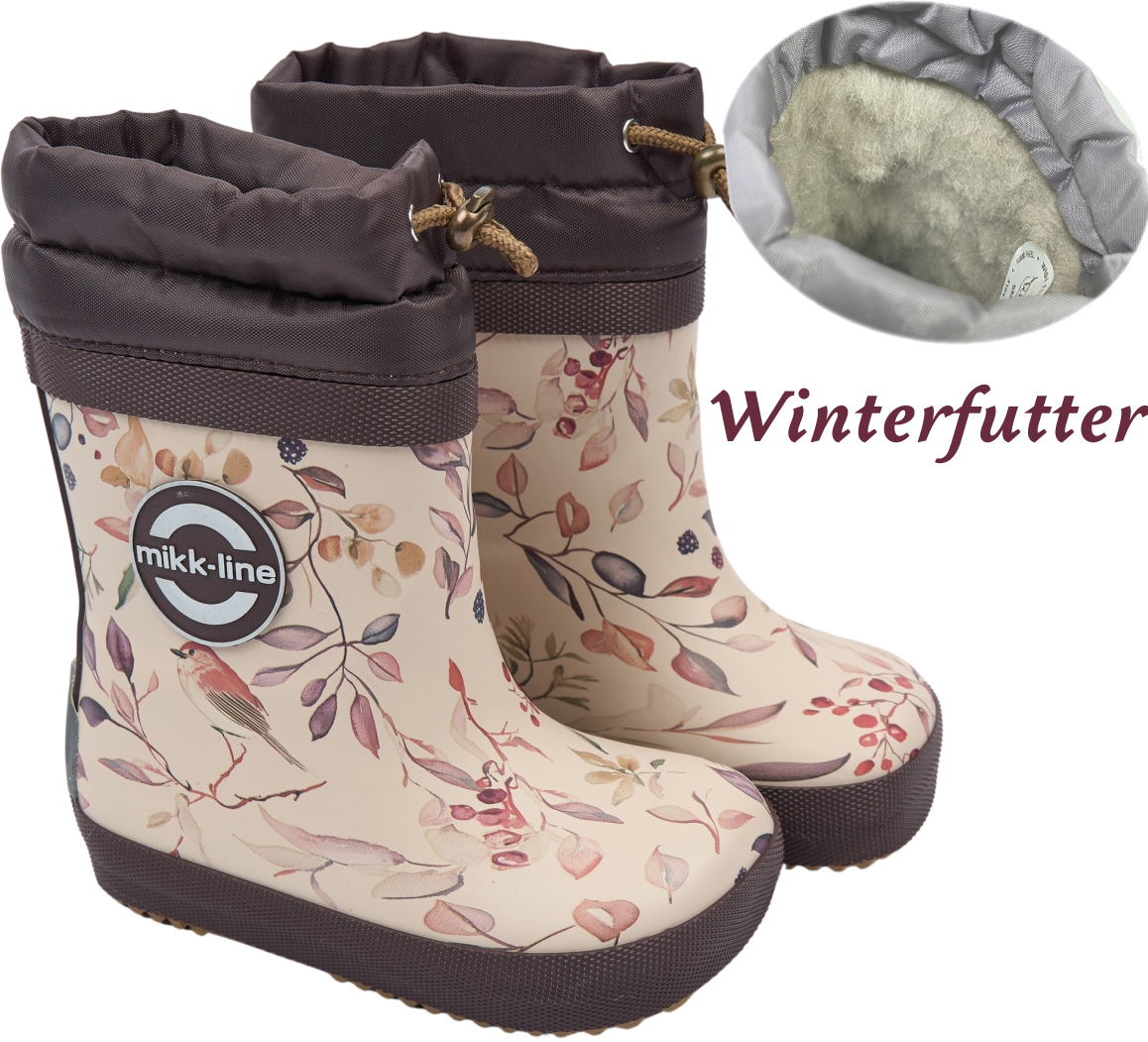 Barfuß Gummistiefel Winterfutter Wollmix in Ecru Bordeaux gemustert von MIKK LINE